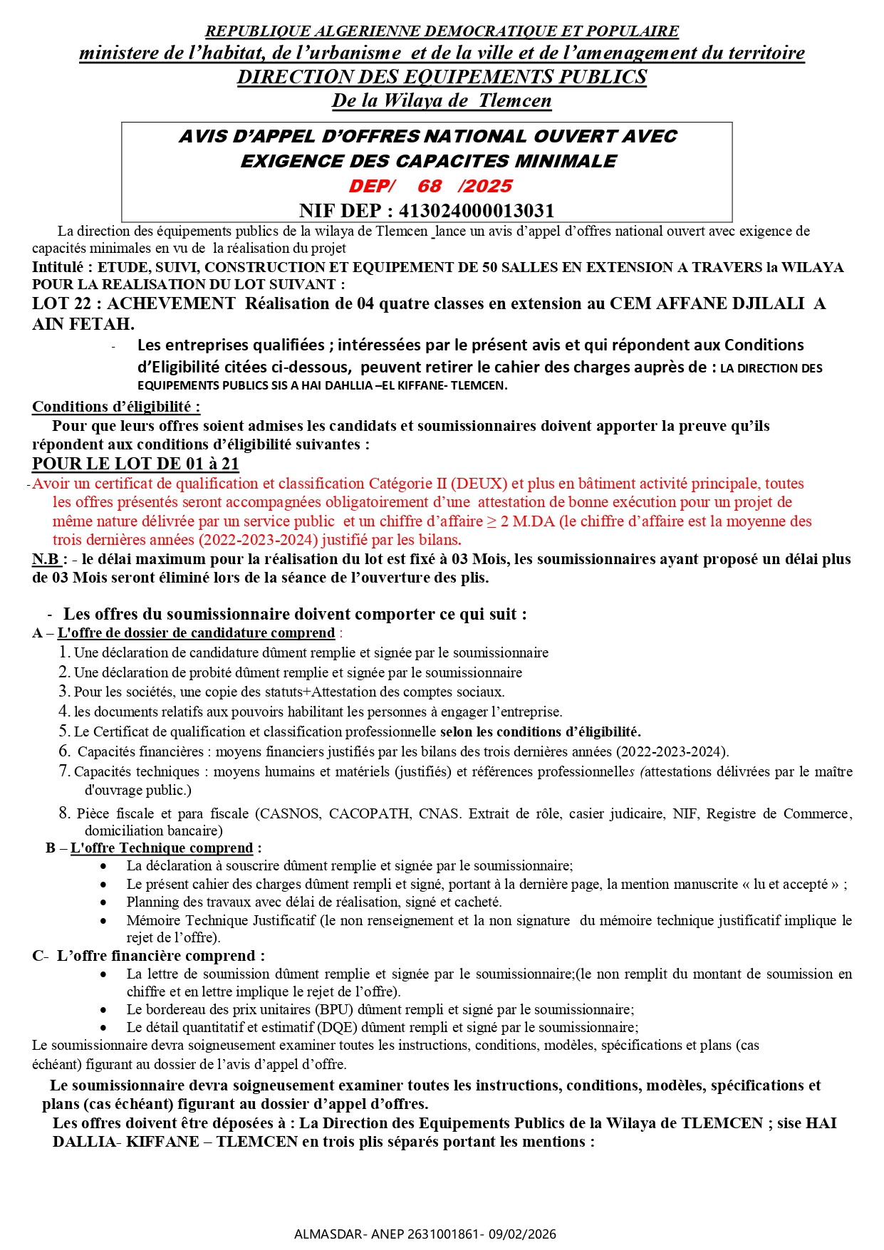 AVIS D’APPEL D’OFFRES NATIONAL OUVERT AVEC  EXIGENCE DES CAPACITES MINIMALE    DEP/    68   /2025 