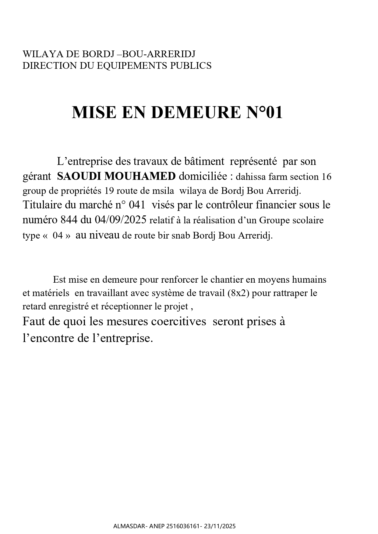 ....MISE EN DEMEURE N°01