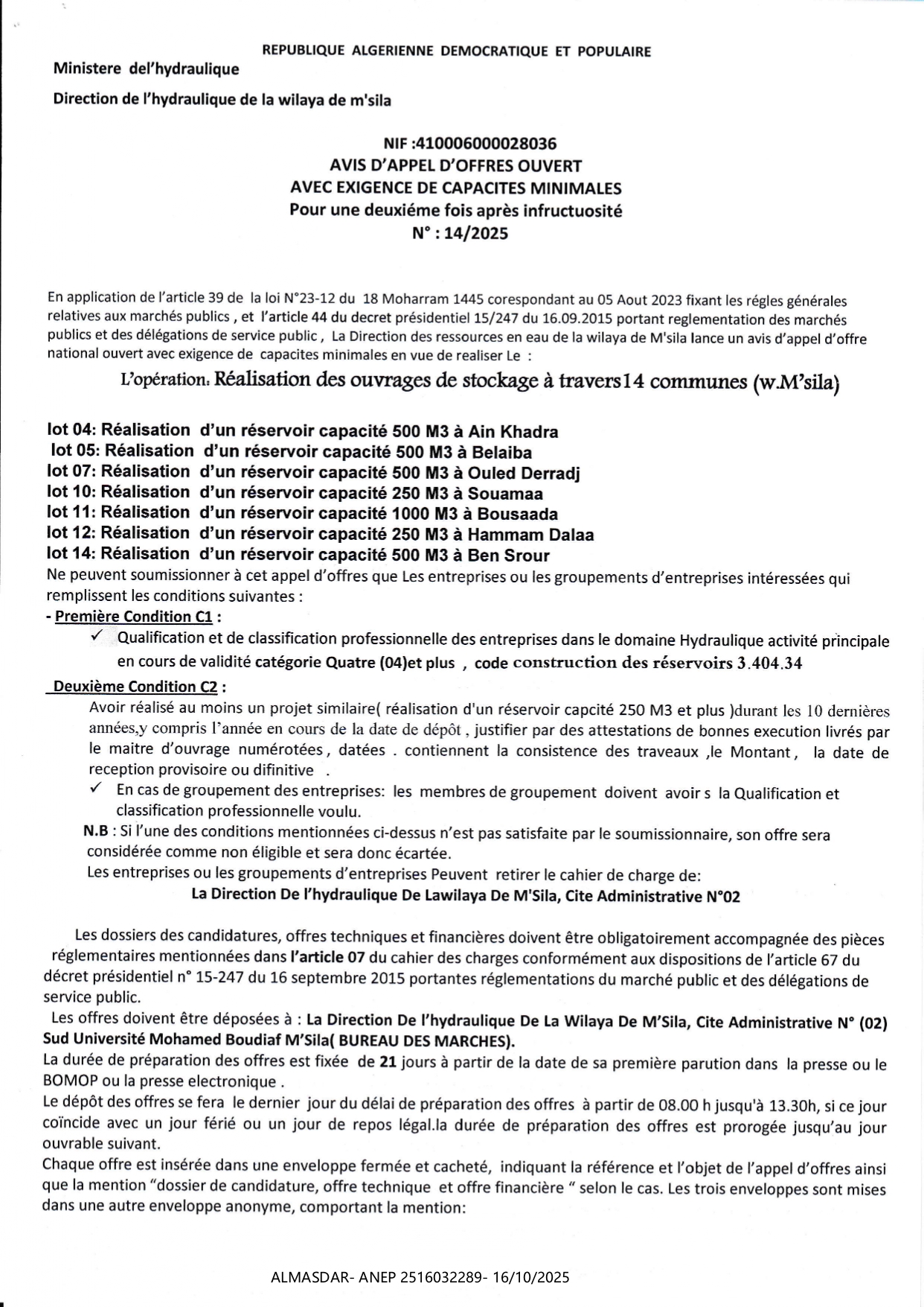 AVIS D'APPEL D'OFFRES NATIONAL OUVERT AVEC EXIGENCE DE CAPACITES MINIMALE N 2025/14S