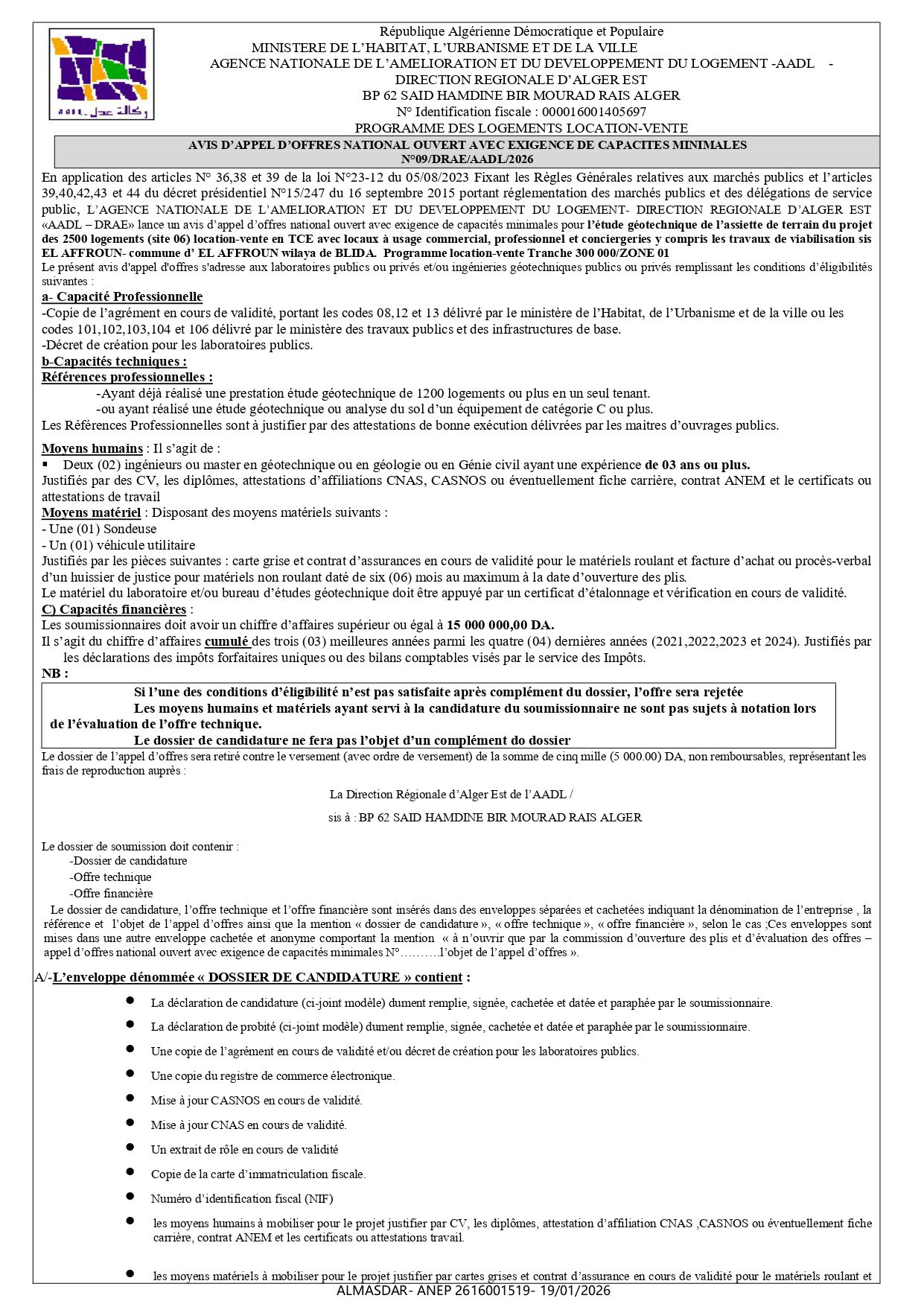 AVIS D’APPEL D’OFFRES NATIONAL OUVERT AVEC EXIGENCE DE CAPACITES MINIMALES  N°09/DRAE/AADL/2026 