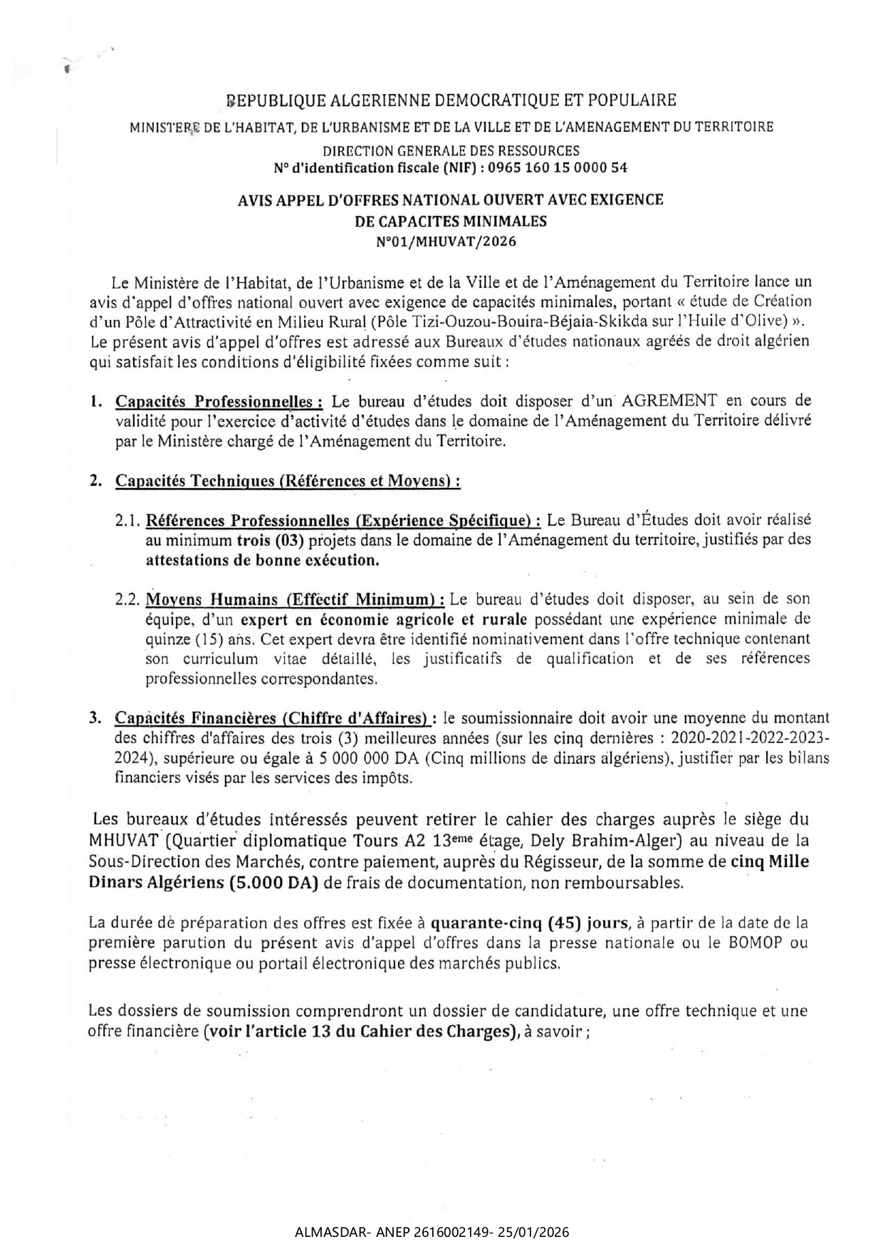 AVIS APPEL D'OFFRES NATIONAL OUVERT AVEC EXIGENCE DE CAPACITES MINIMALES N°oi/MHUVAT/2026