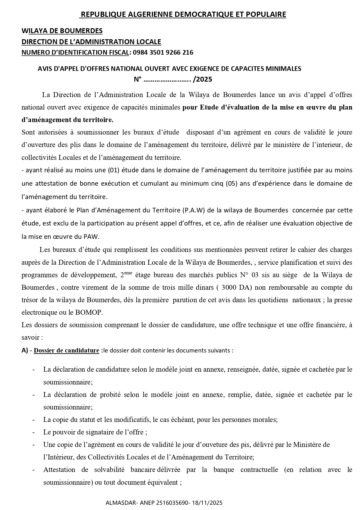 .AVIS D'APPEL D'OFFRES NATIONAL OUVERT AVEC EXIGENCE DE CAPACITES MINIMALES