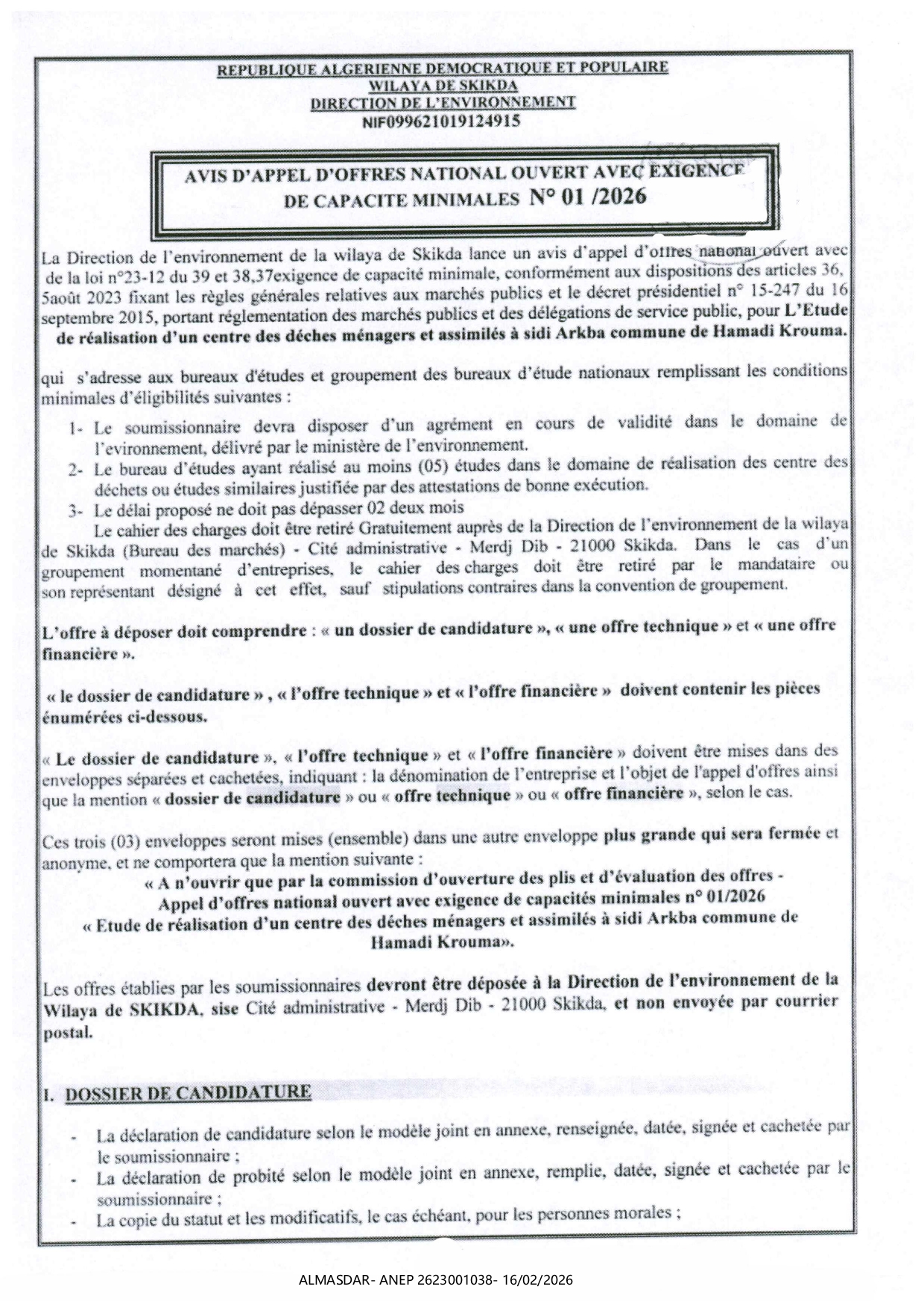 AVIS D'APPEL D'OFFRES NATIONAL OUVERT AVEC EXIGENCE DE CAPACITE MINIMALES N 01/2026
