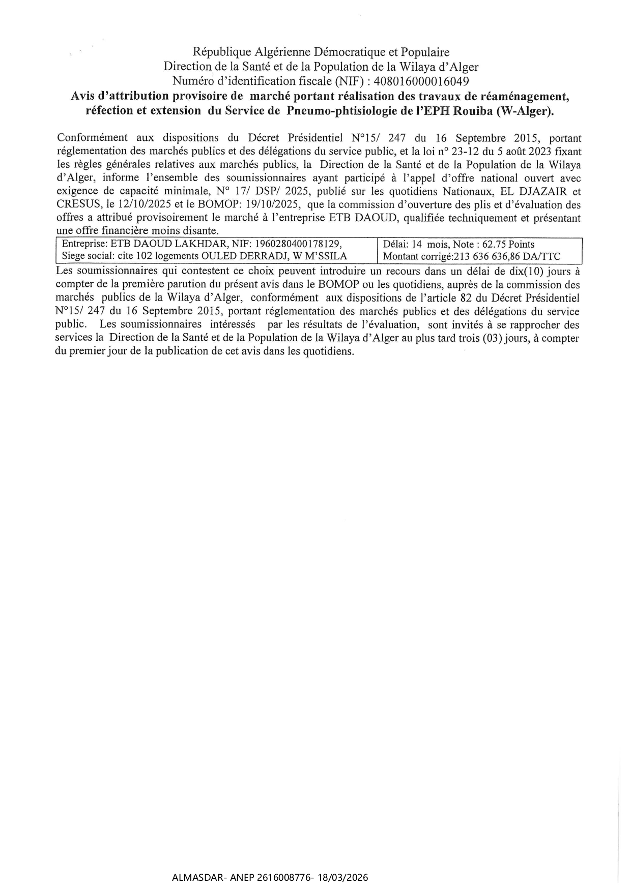 ***azavis d'attribution provisoire de marché 