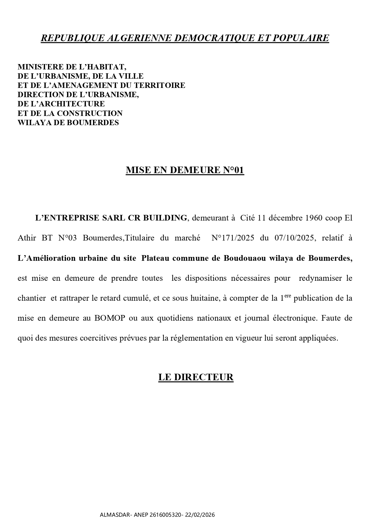 MISE EN DEMEURE N°01 */