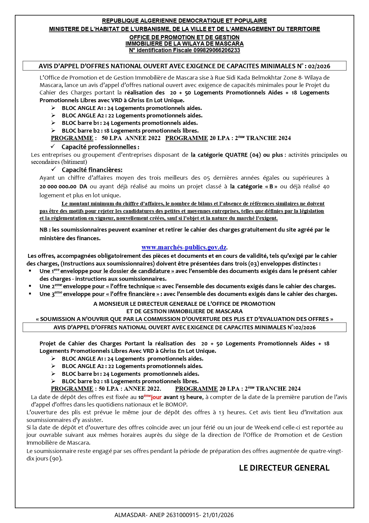 AVIS D’APPEL D’OFFRES NATIONAL OUVERT AVEC EXIGENCE DE CAPACITES MINIMALES N° : 02/2026 