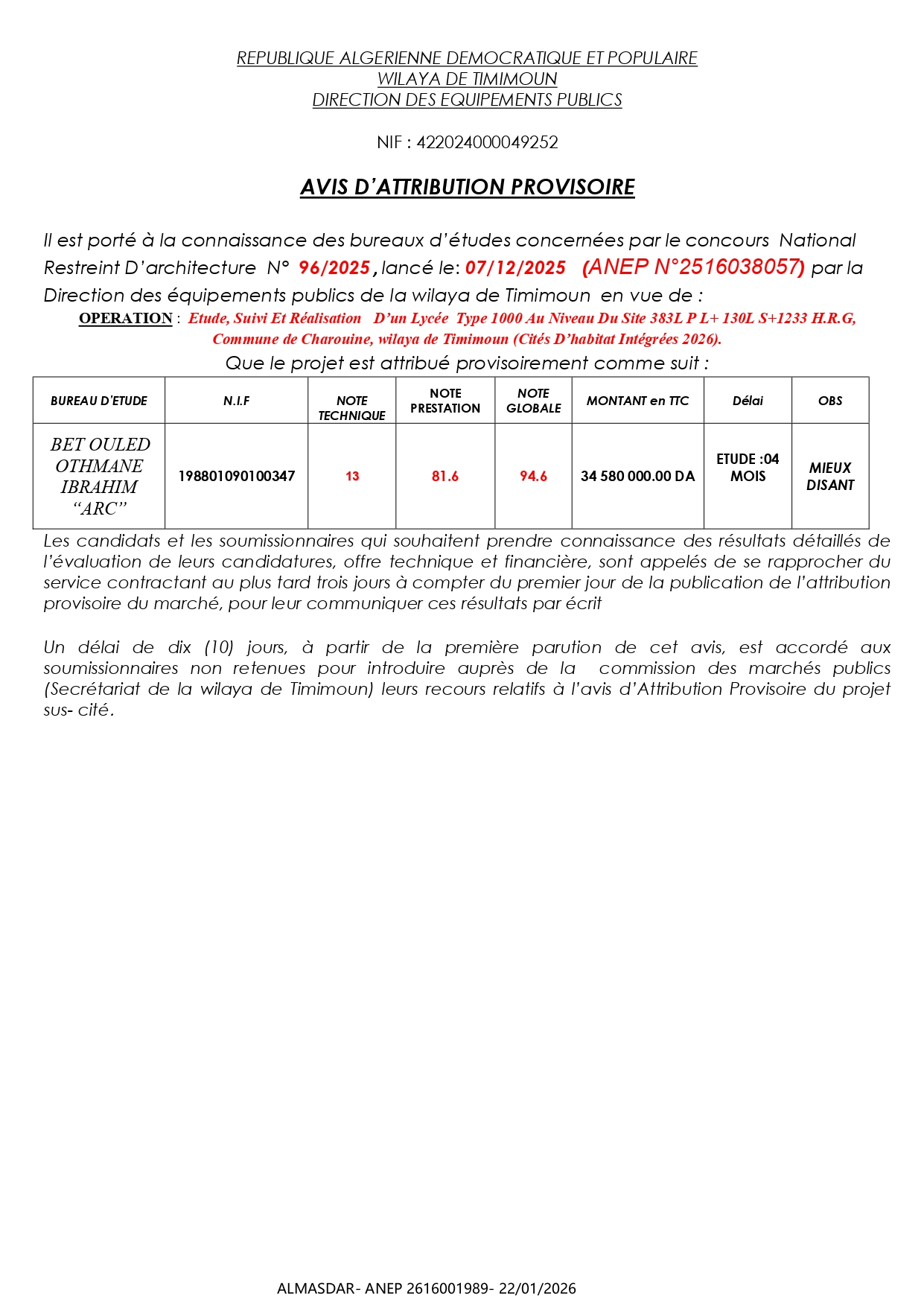 AVIS D’ATTRIBUTION PROVISOIRE   */