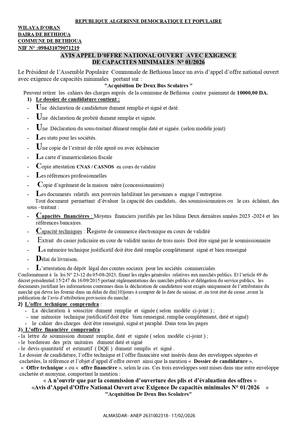 AVIS APPEL D’0FFRE NATIONAL OUVERT  AVEC EXIGENCE  DE CAPACITES MINIMALES  N° 01/2026