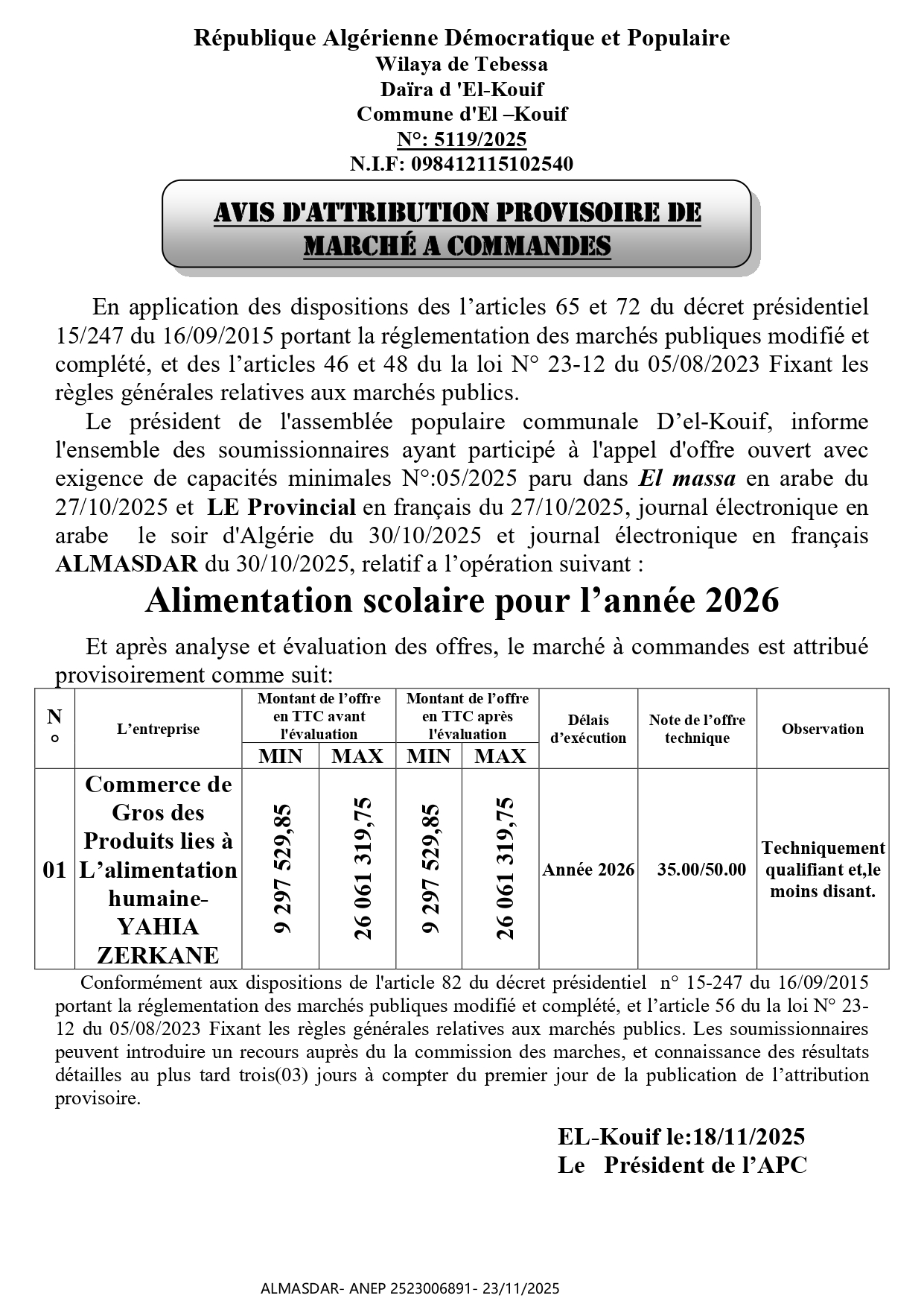 Avis d'Attribution provisoire de  mArché A commAndes  
