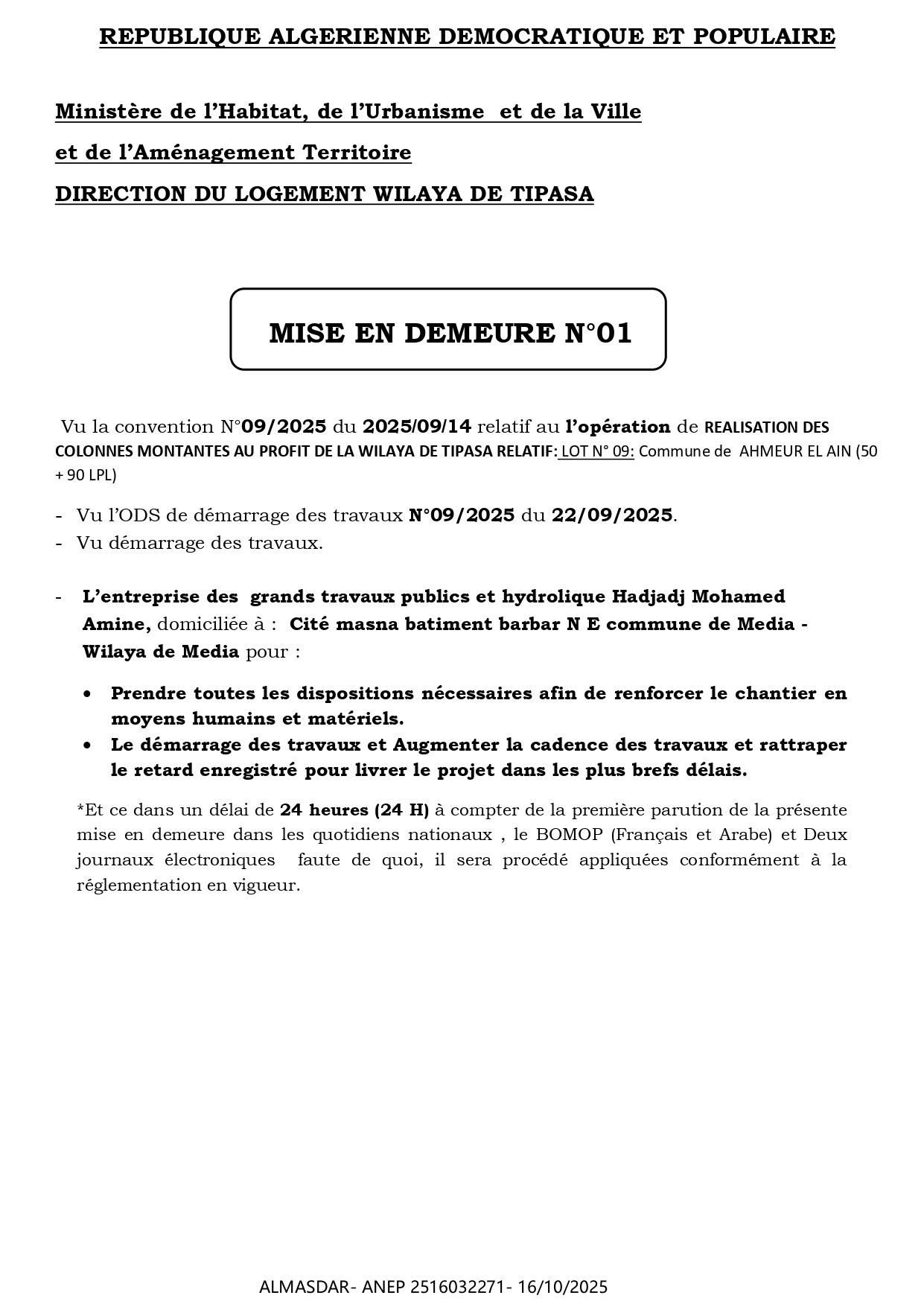 MISE EN DEMEURE N°01 