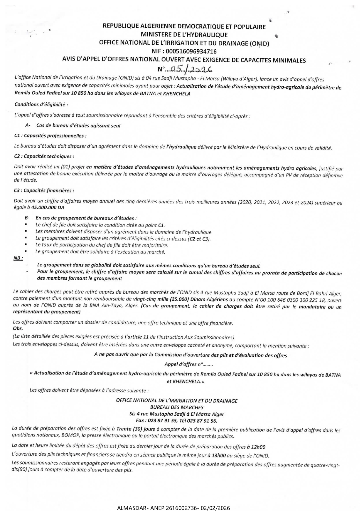 AVIS  D'APPEL D'OFFRES  NATIONAL OUVERT AVEC  EXIGENCE  DE  CAPACITES MINIMALES N.05/2026