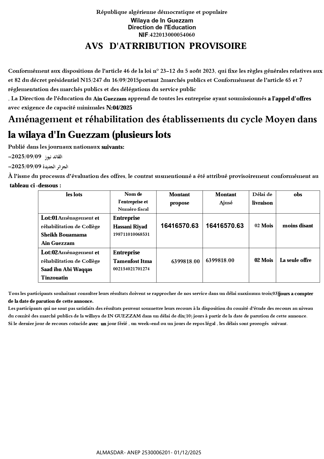 AVIS   D'ATRRIBUTION  PROVISOIRE**