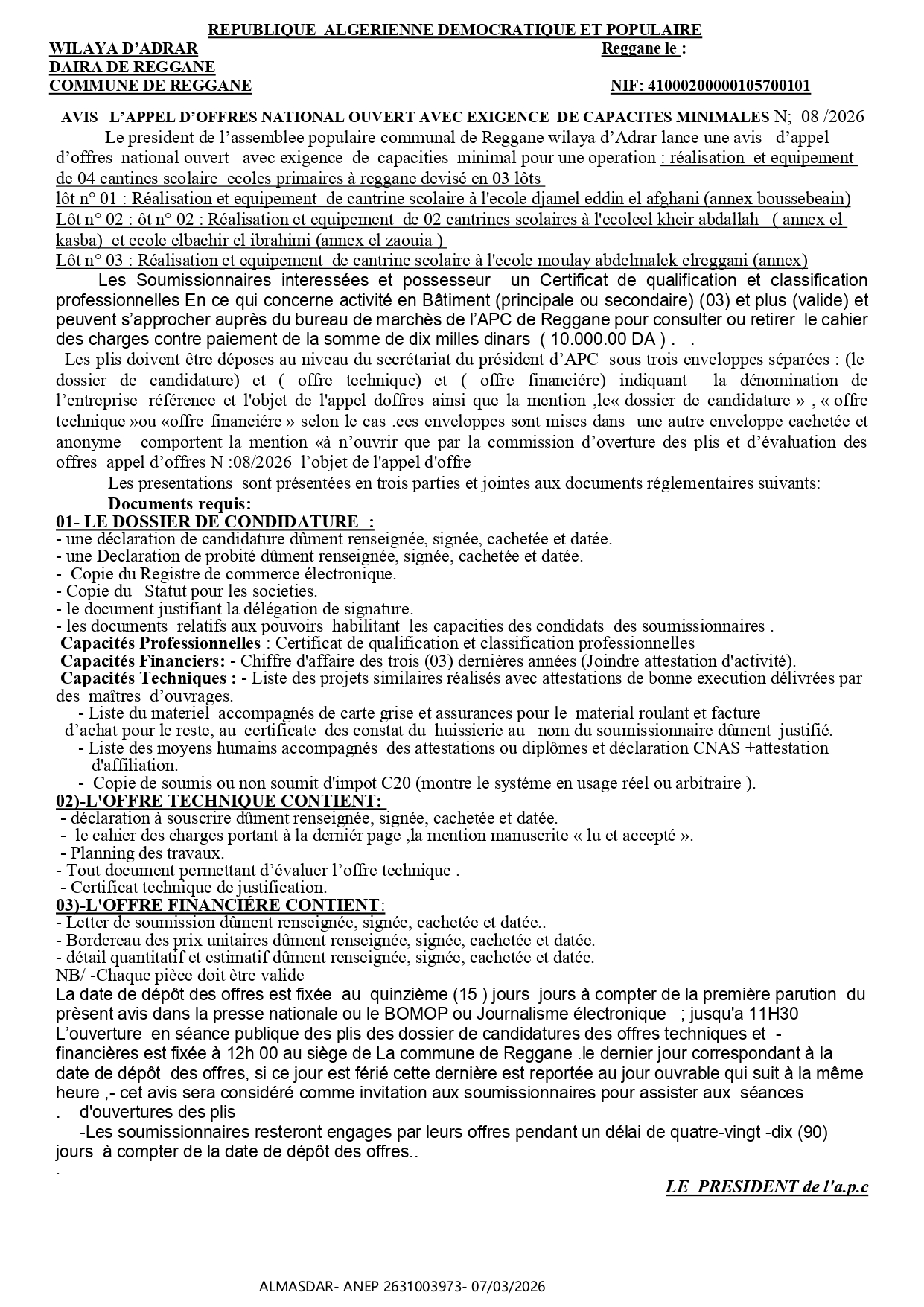 AVIS   L’APPEL D’OFFRES NATIONAL OUVERT AVEC EXIGENCE  DE CAPACITES MINIMALES N;  08 /2026 