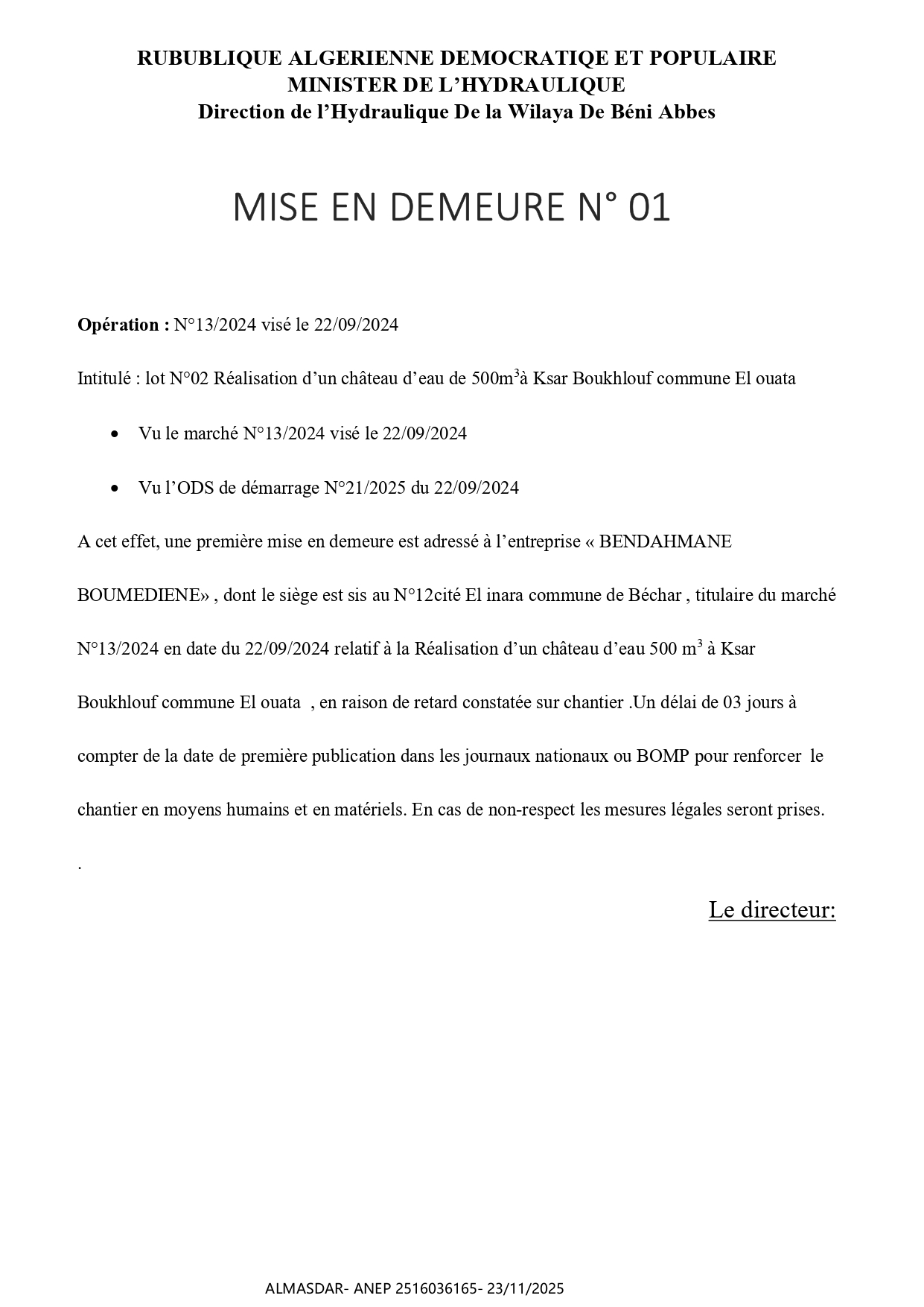  MISE EN DEMEURE N° 01*