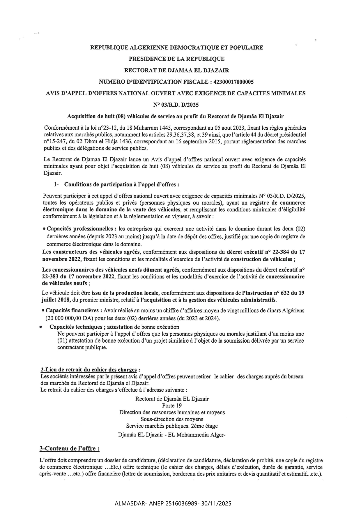 AVIS D'APPEL D'OFFRES NATIONAL OUVERT AVEC EXIGENCE DE CAPACITES MINIMALES N 2025/03