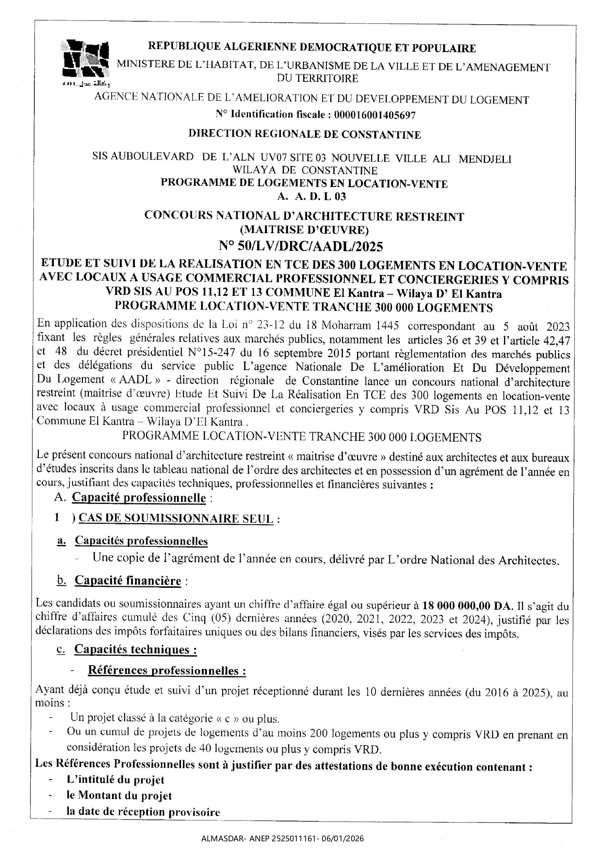 CONCOURS NATIONAL D'ARCHITECTURE RESREINT N 50/2025