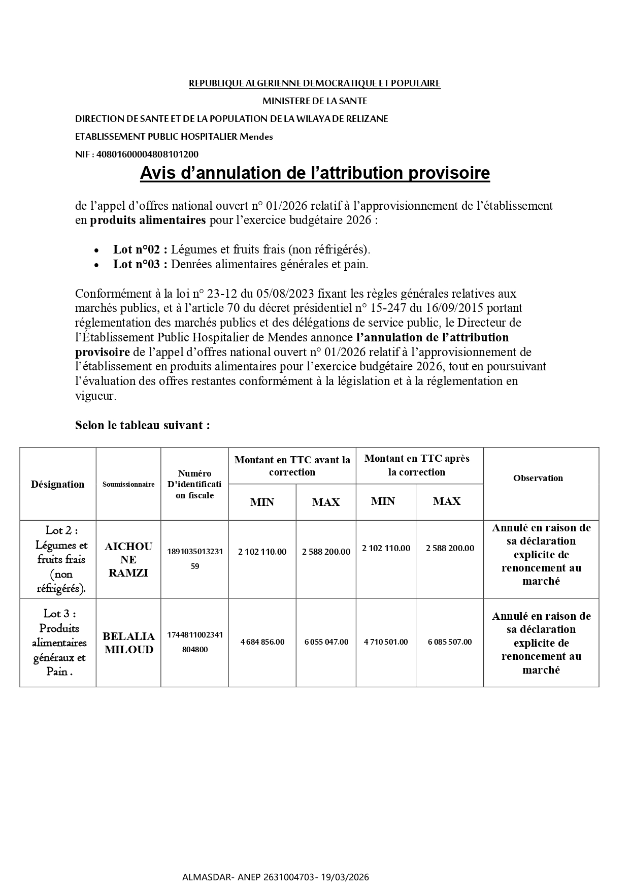 Avis d’annulation de l’attribution provisoire