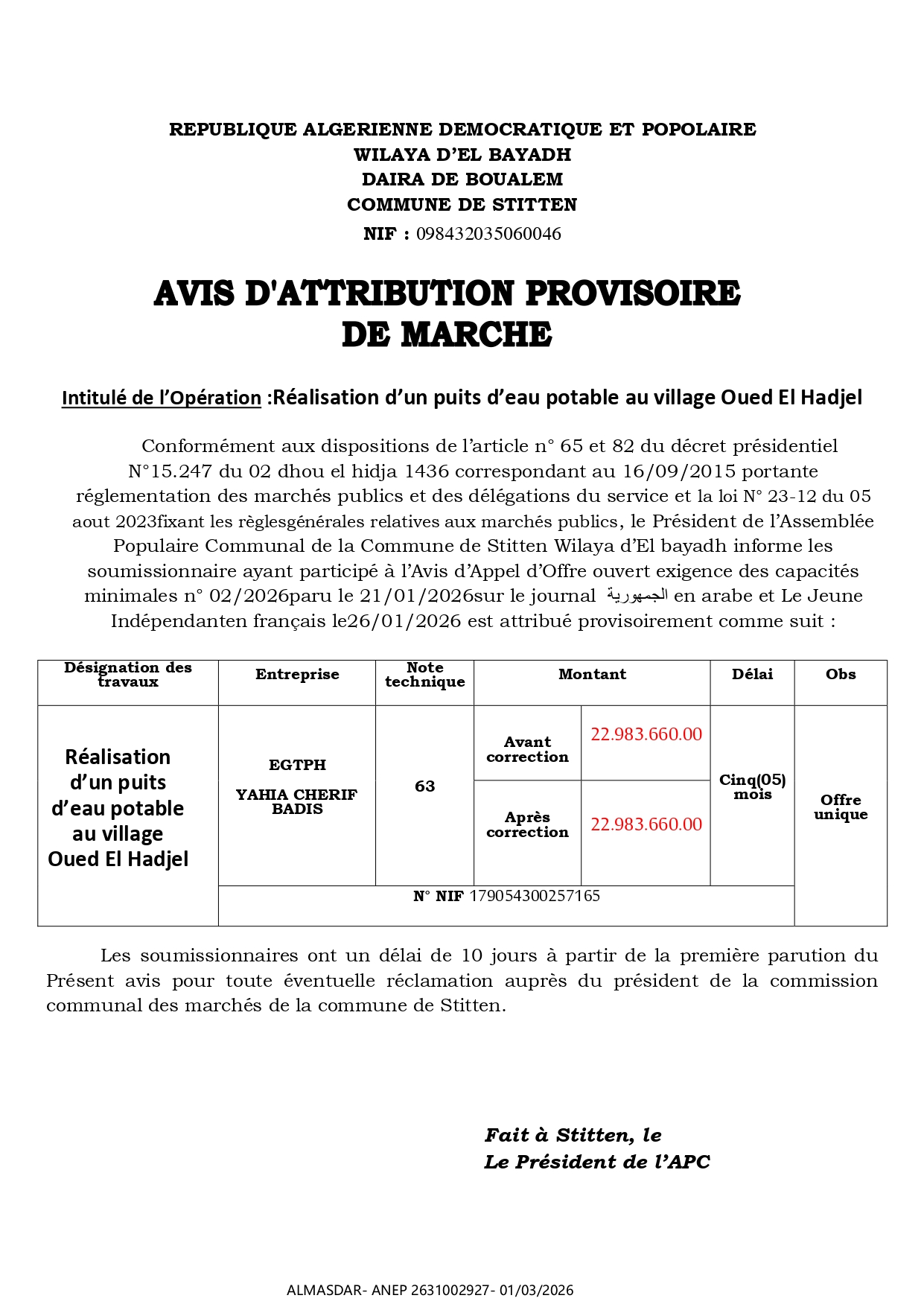AVIS D'ATTRIBUTION PROVISOIRE DE MARCHE **