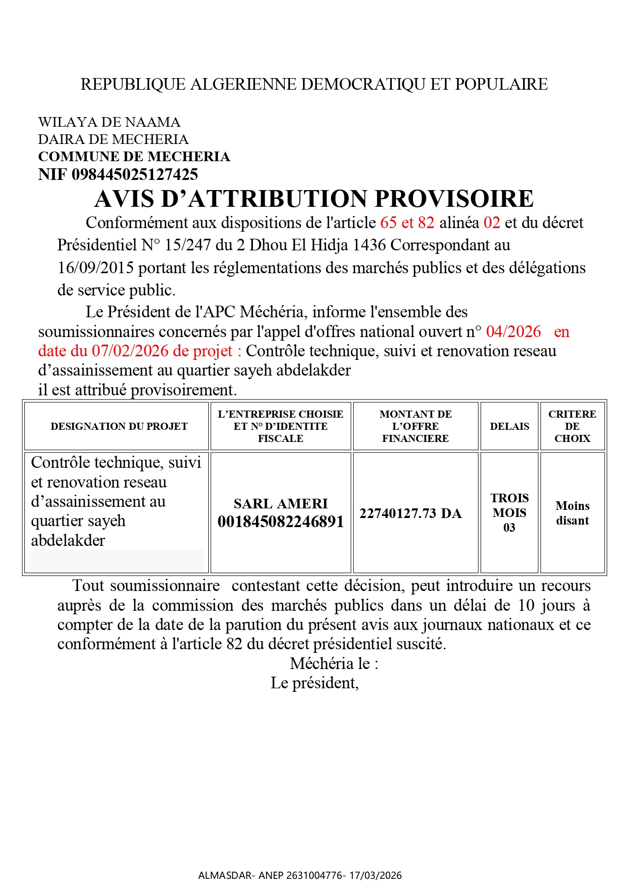 AVIS D’ATTRIBUTION PROVISOIRE */*