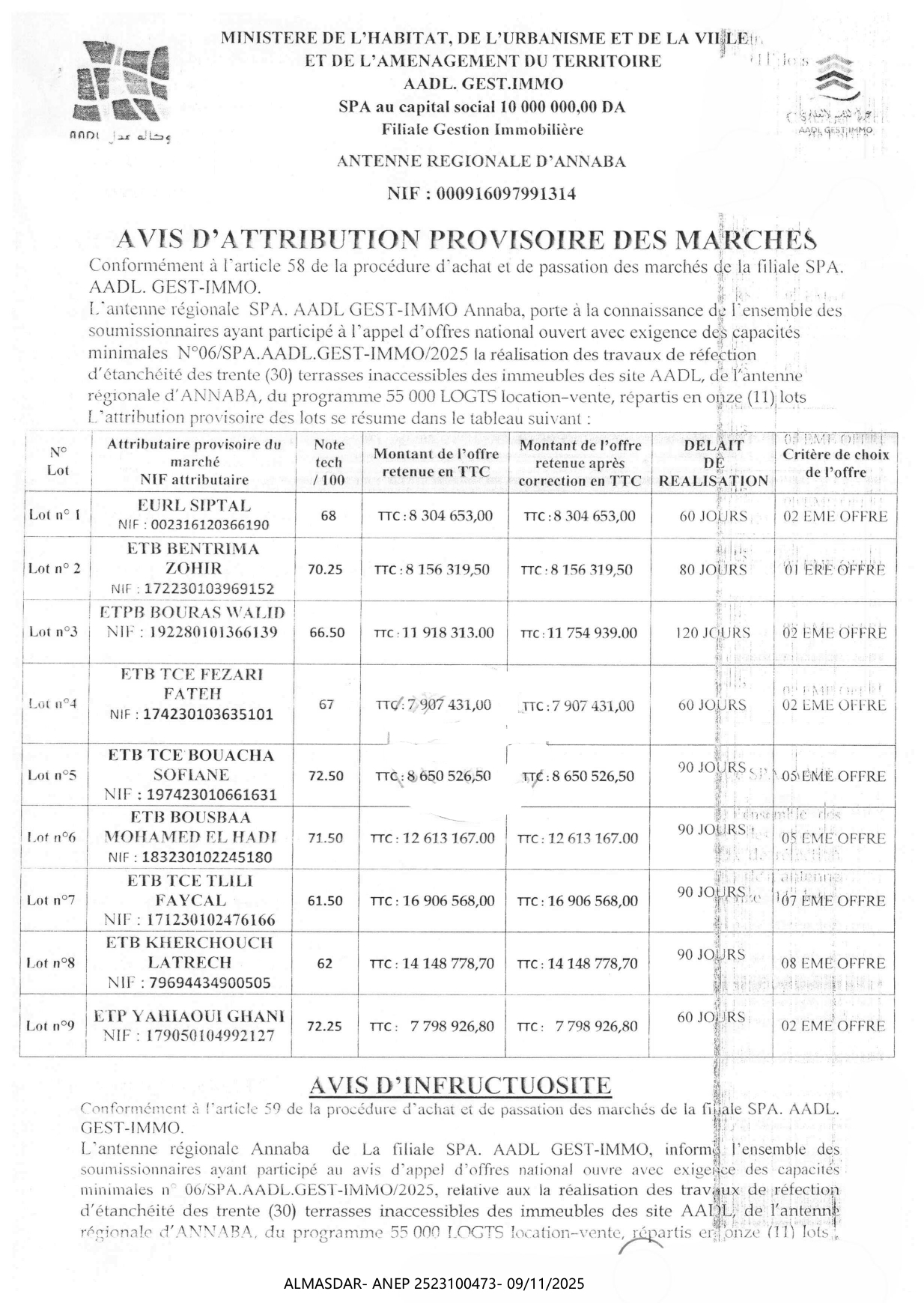 AVIS D'ATTRIBUTION PROVISOIRE DES MARCHESE