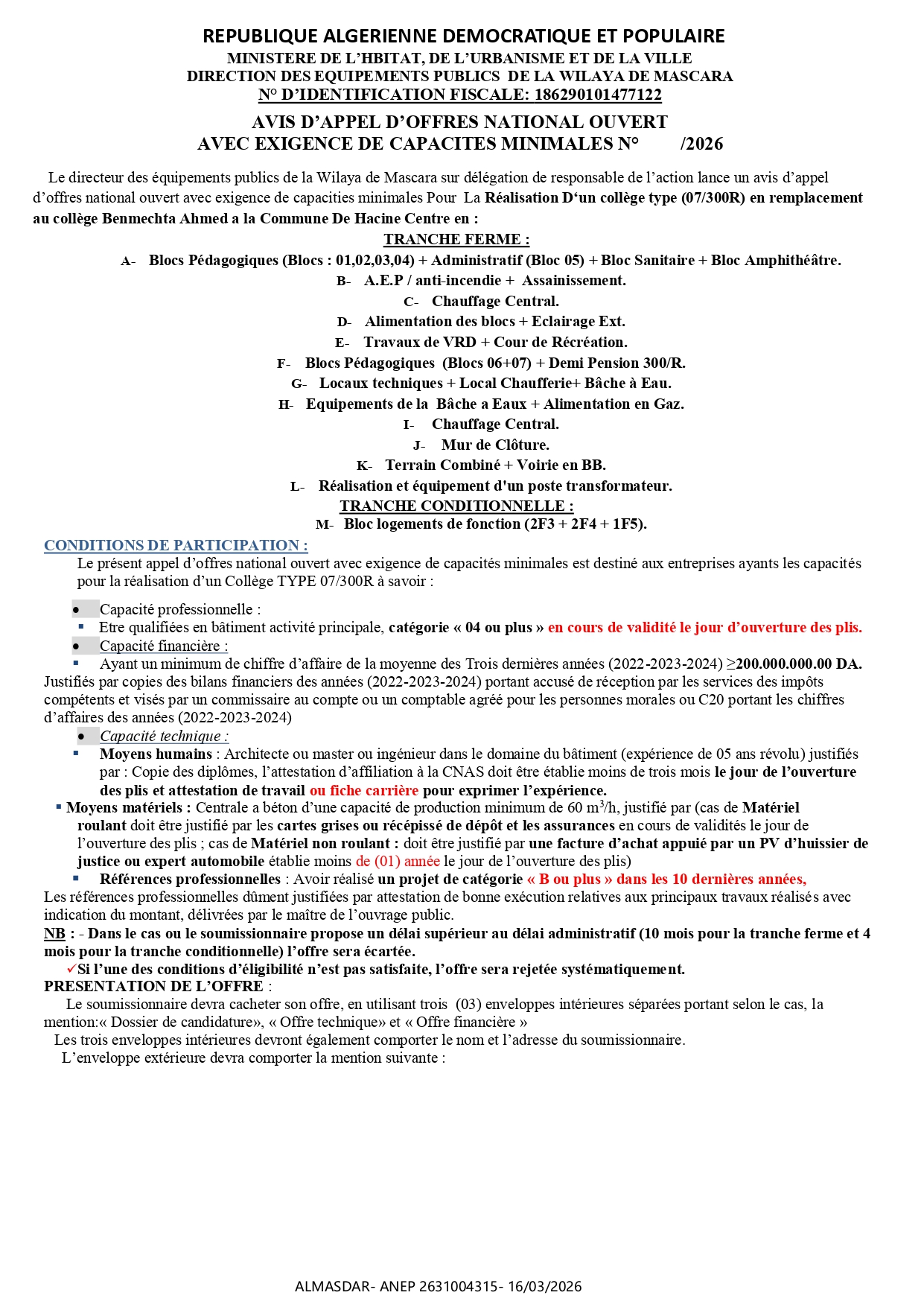 AVIS D’APPEL D’OFFRES NATIONAL OUVERT  AVEC EXIGENCE DE CAPACITES MINIMALES N°         /2026