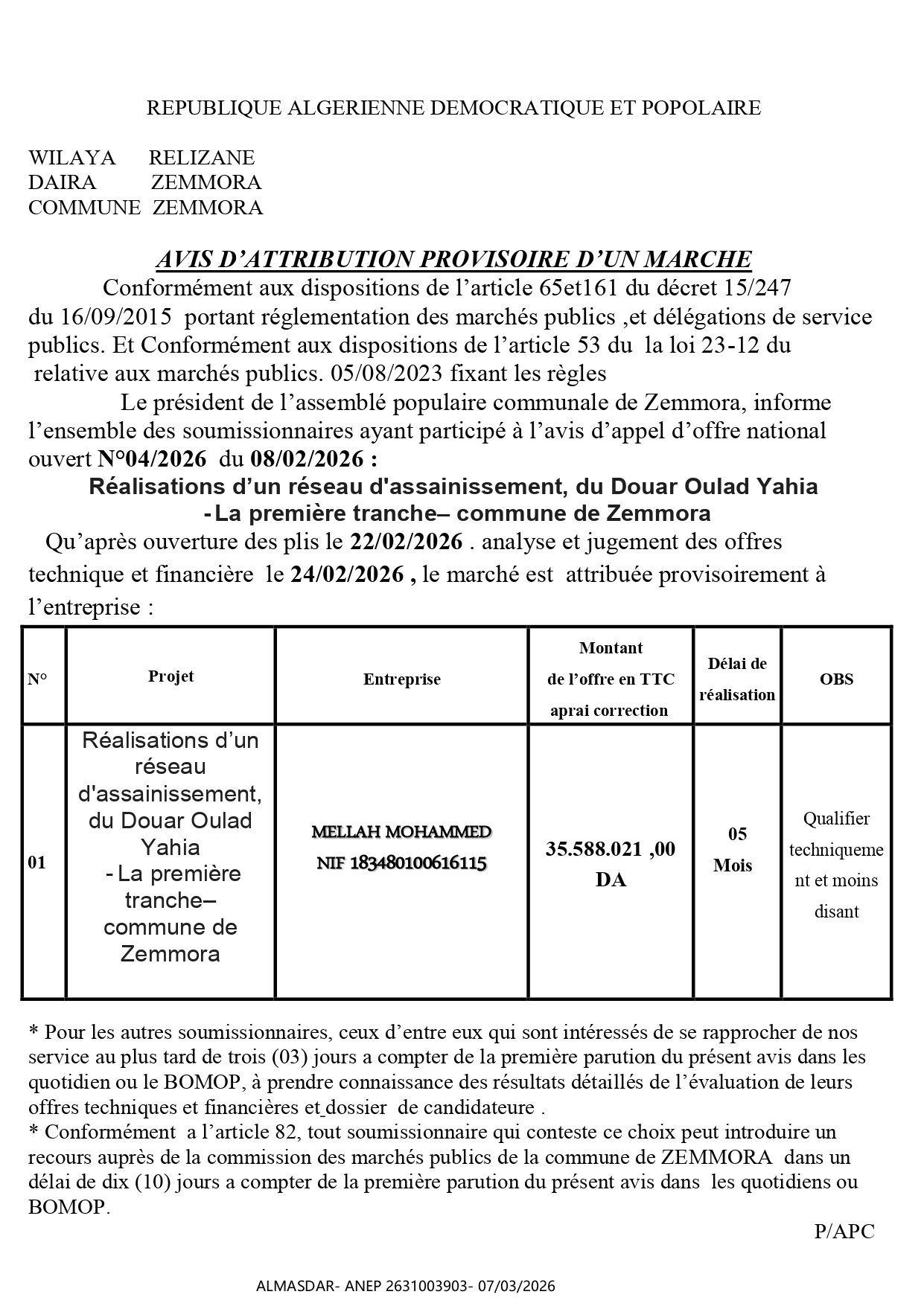 AVIS D’ATTRIBUTION PROVISOIRE D’UN MARCHE 