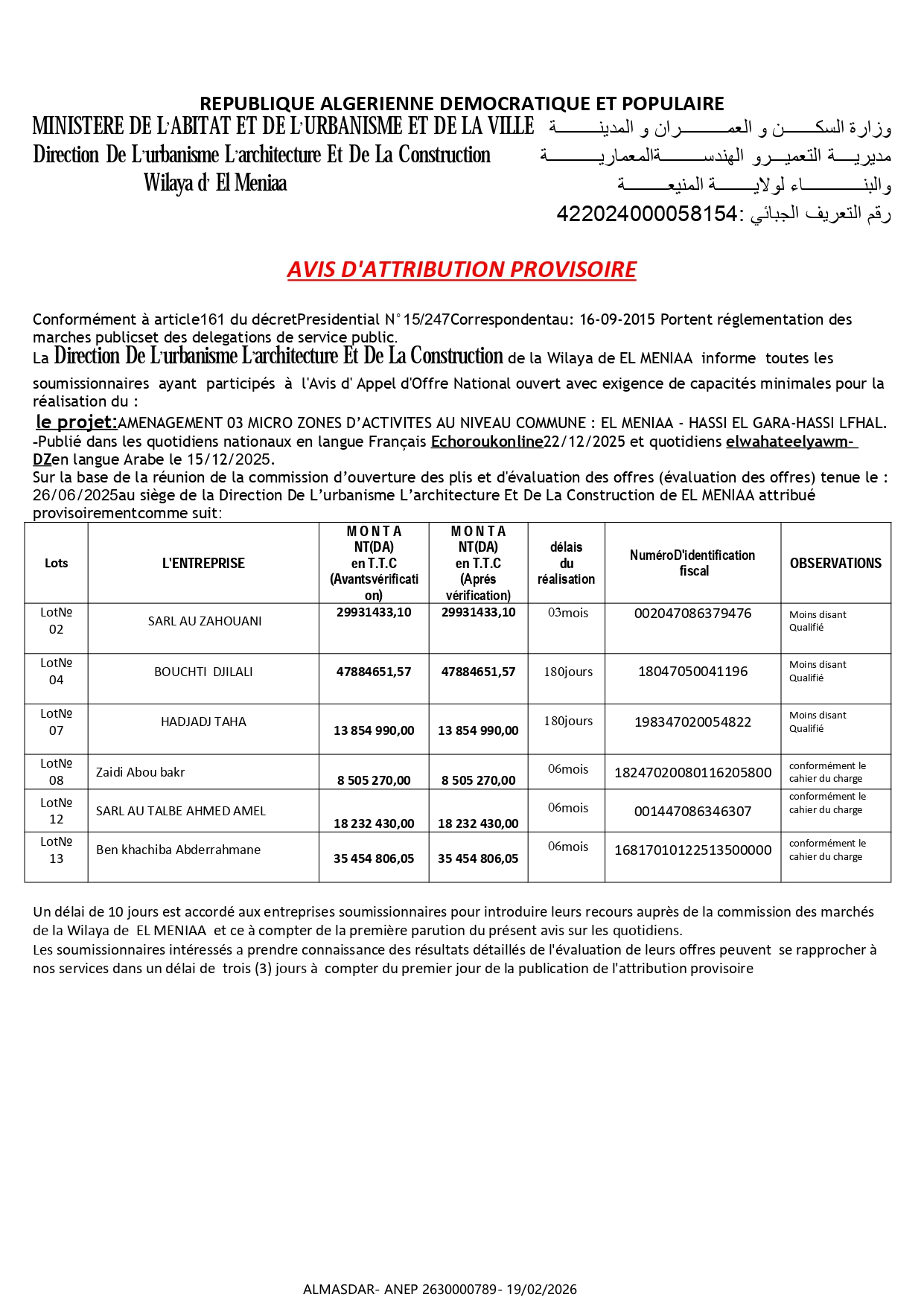 AVIS D'ATTRIBUTION PROVISOIRE/*/