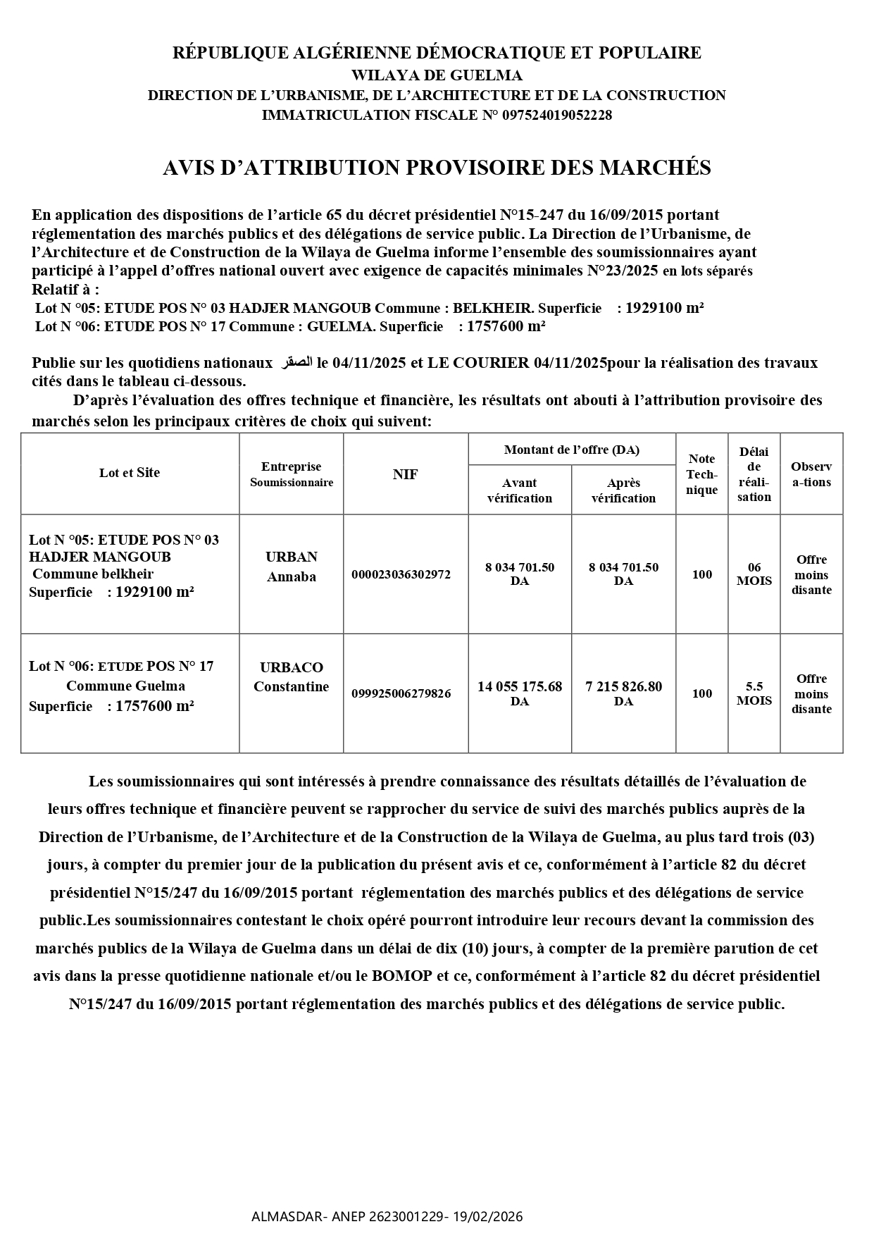 AVIS D’ATTRIBUTION PROVISOIRE DES MARCHÉS */*/