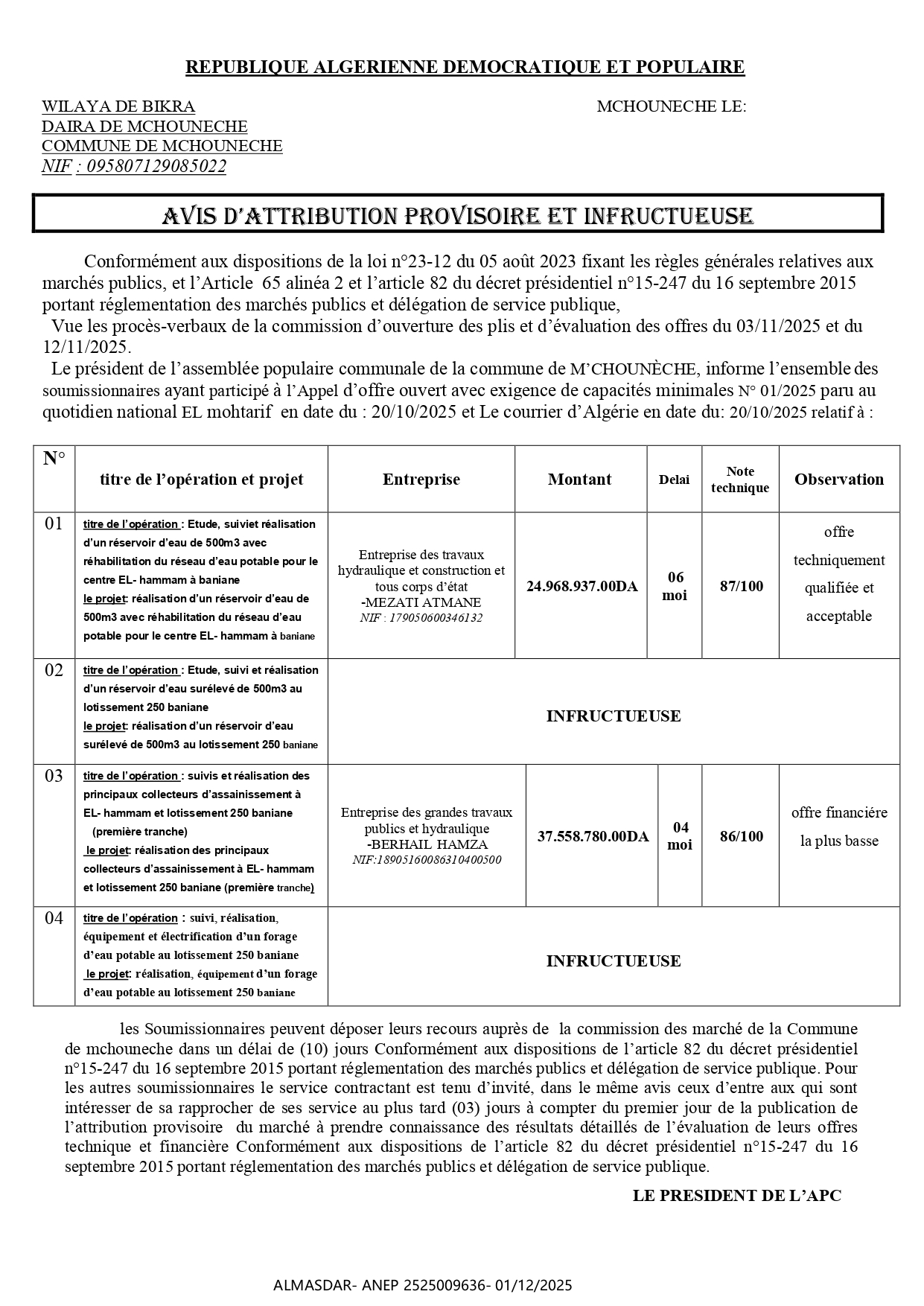 AVIS D'ATTRIBUTION PROVISOIRE ET INFRUCTUEUSE