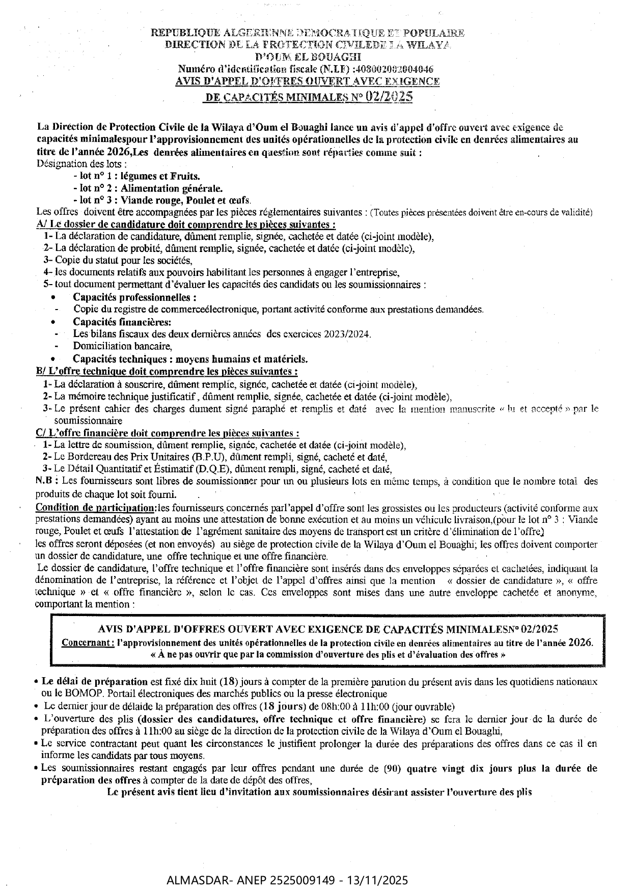 AVIS D'APPEL D'OFFRES OUVERT AVEC EXIGENCE DE CAPACITE MINIMALES N 2025/02