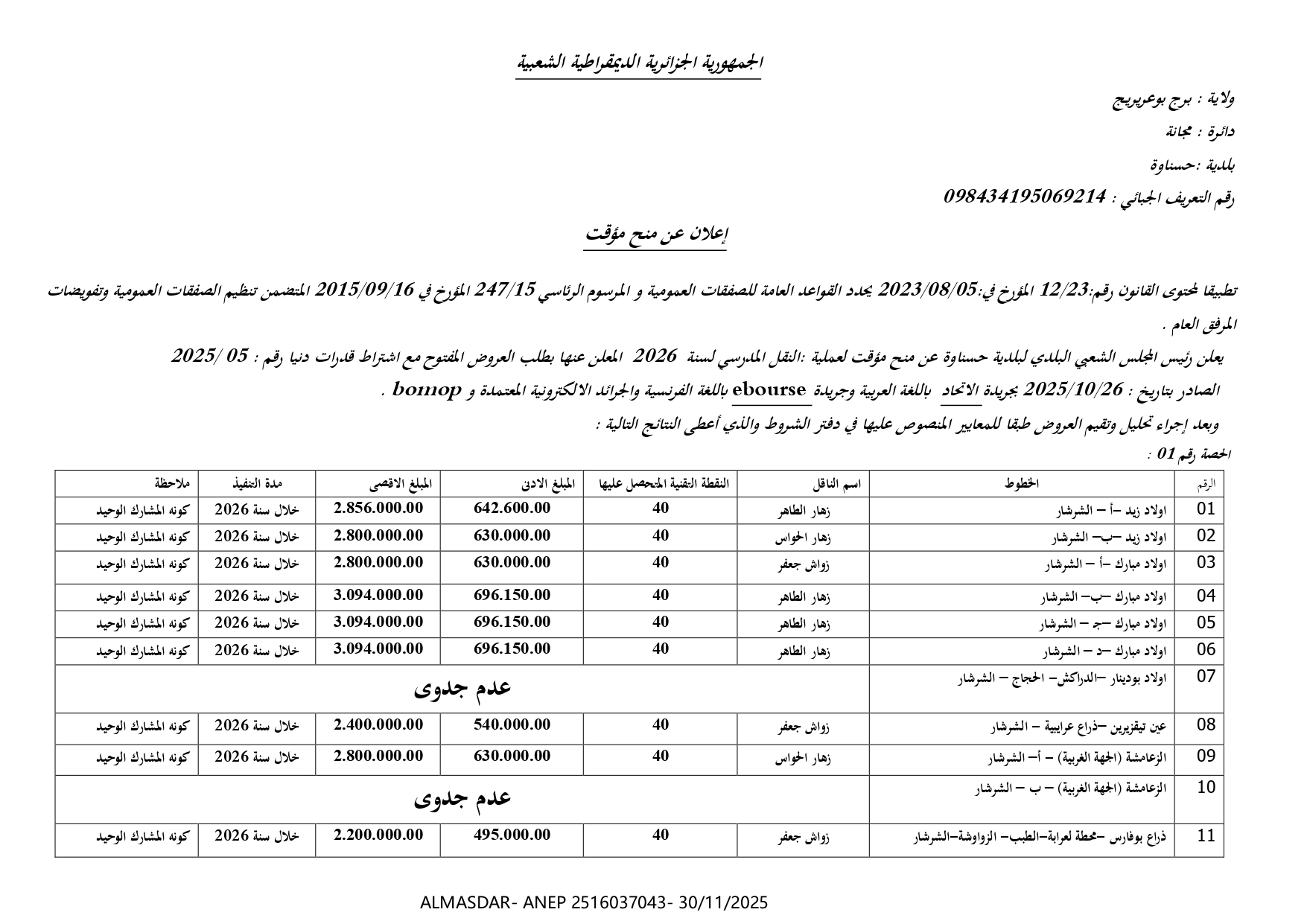 اعلان عن منح مؤقت **