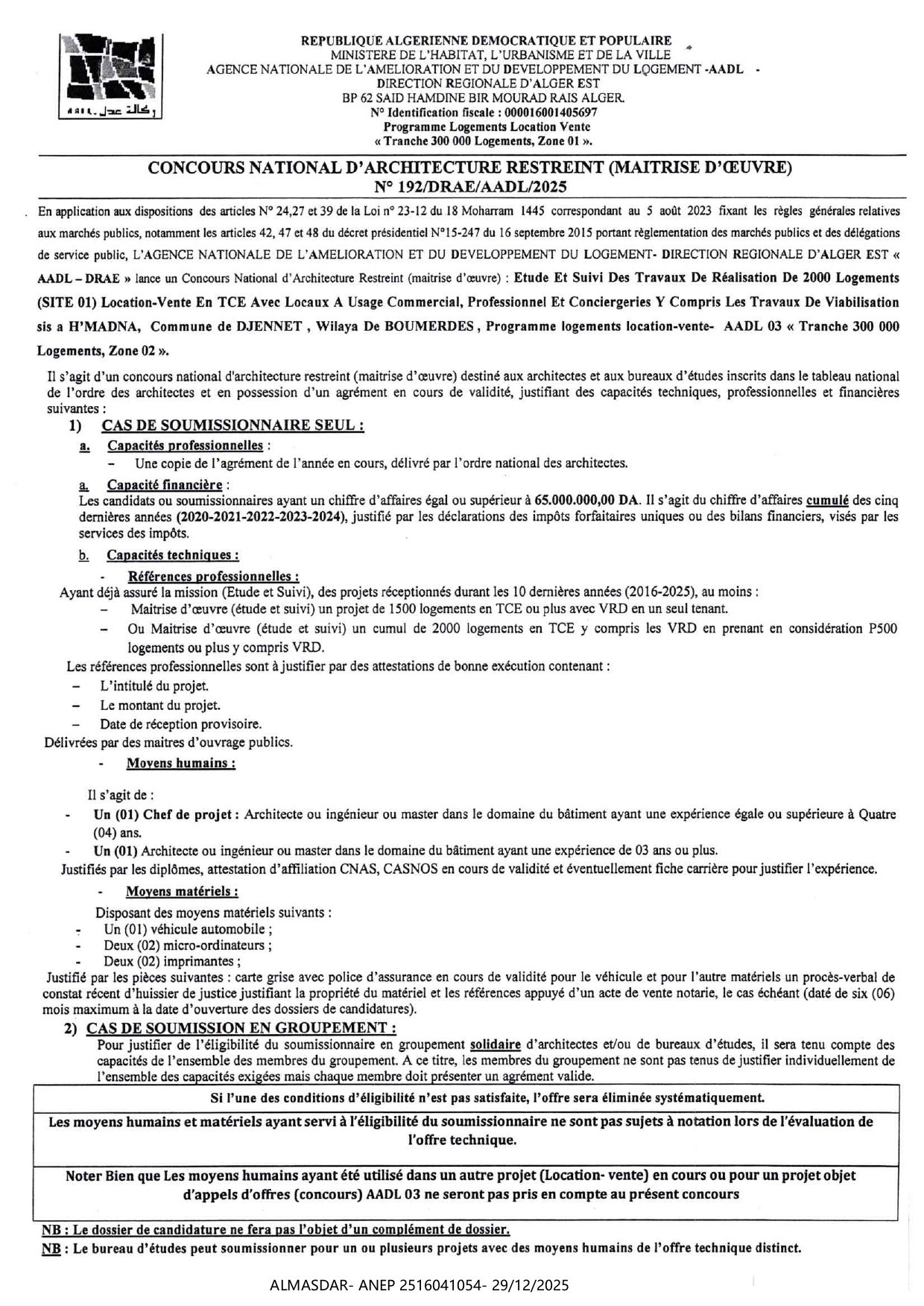 CONCOURS NATIONAL D4ARCHITECTURE RESTREINT N 192/2025