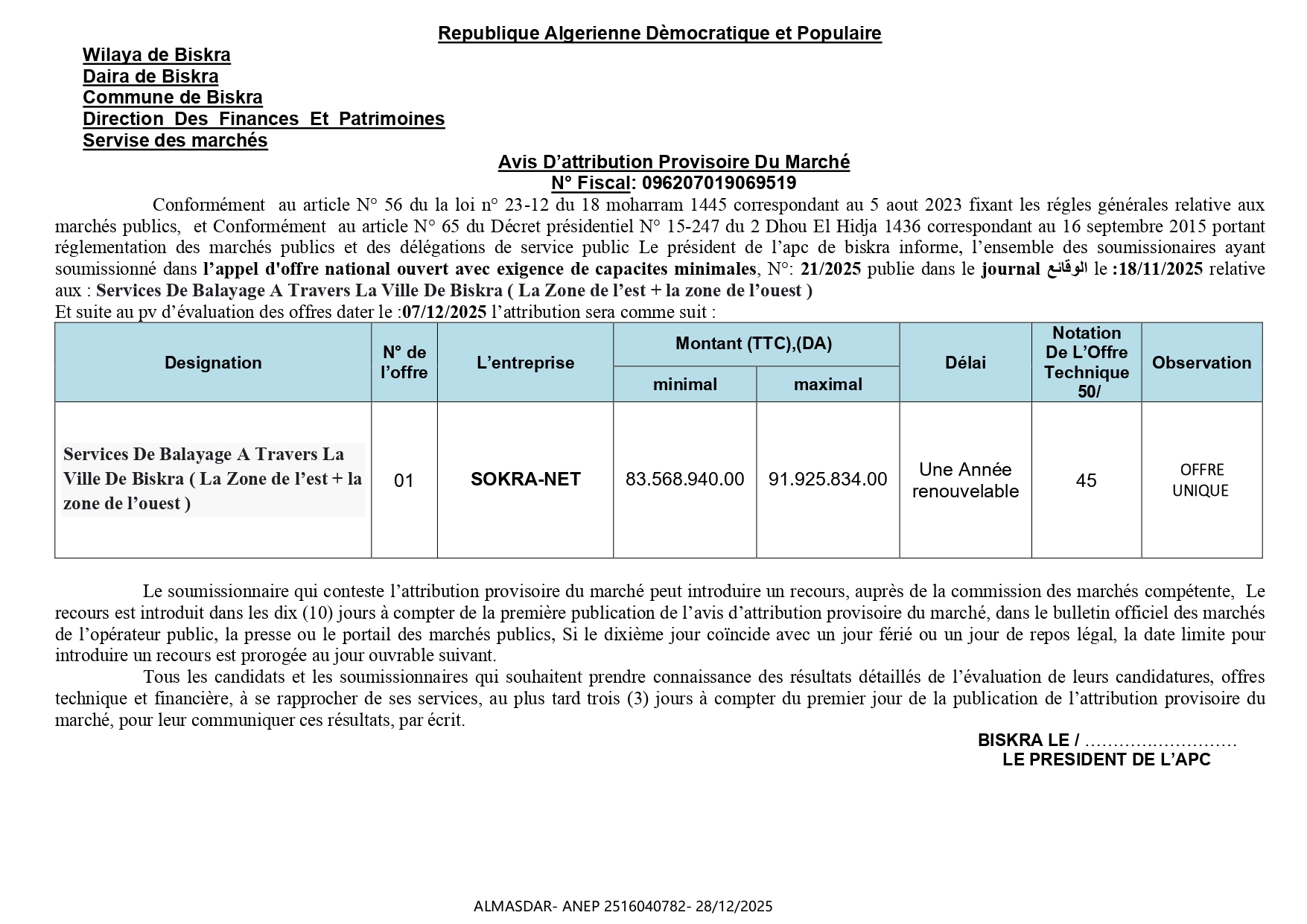 **Avis D’attribution Provisoire Du Marché 