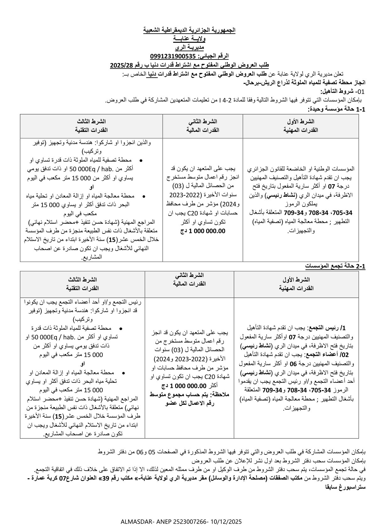 طلب العروض الوطني المفتوح مع اشتراط قدرات دنيا برقم 28/2025
