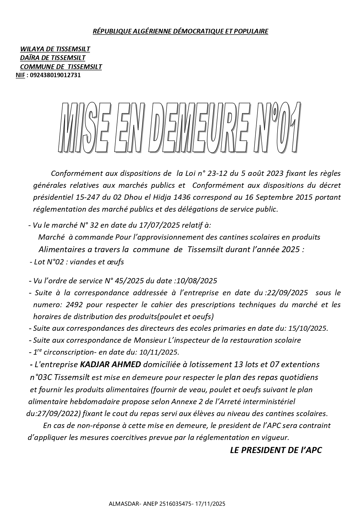 .MISE EN DEMEURE N 01