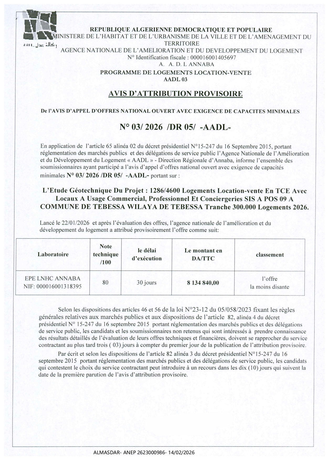 */AVIS D'ATTRIBUTION PROVISOIRE 