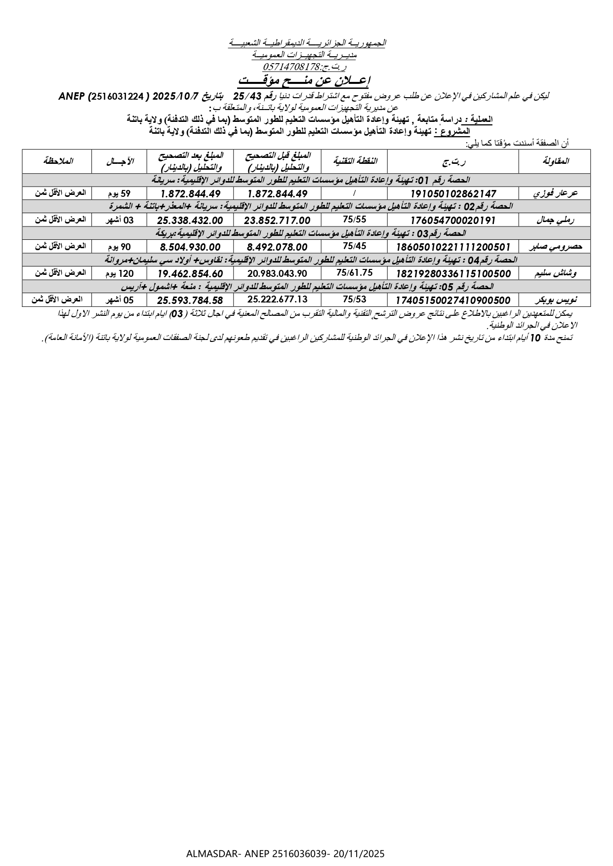 اعلان عن منح مؤقت *