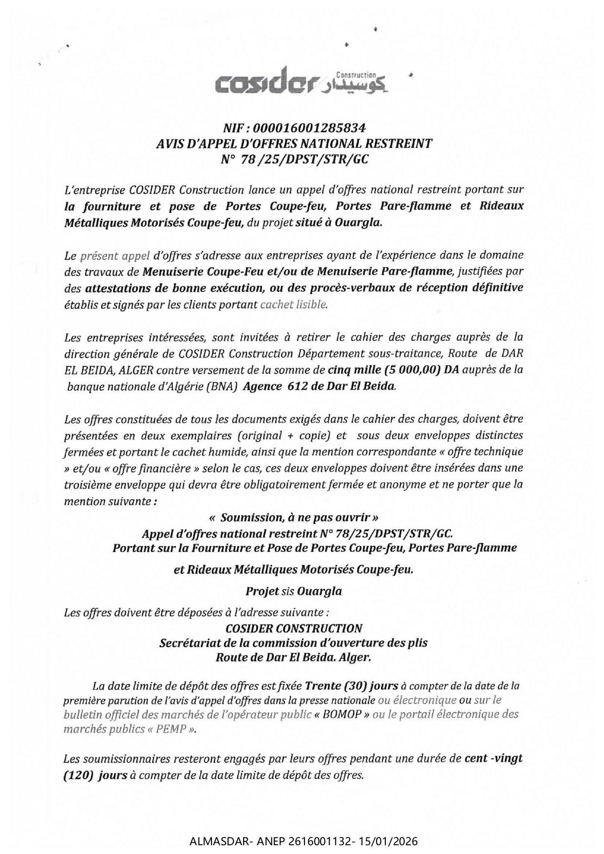 AVIS D'APPEL D'OFFRES NATIONAL RESTREINT N 78/2025