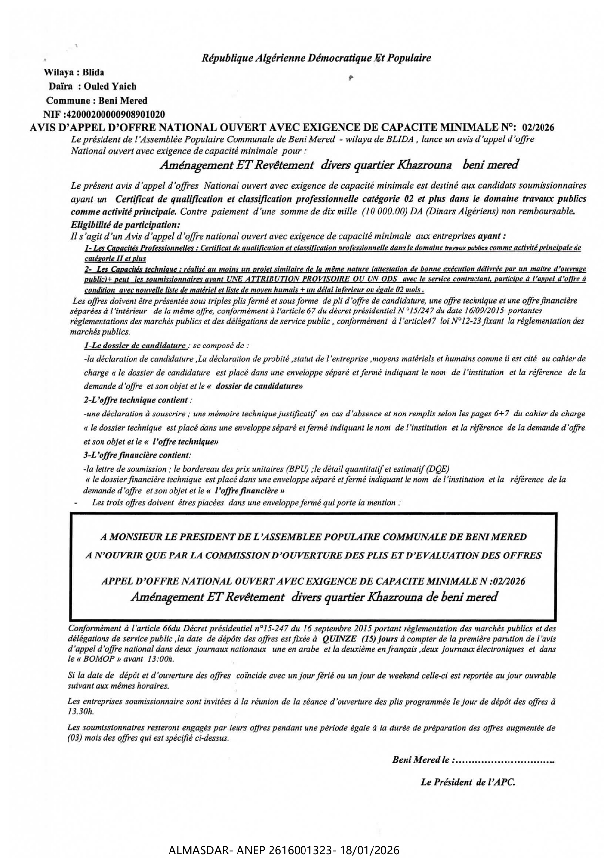 AVIS I)'APPEL D'OFFRE NATIONAL OUVERT AVEC EXIGENCE DE CAPACITE MINIMALE N°:  02/2026