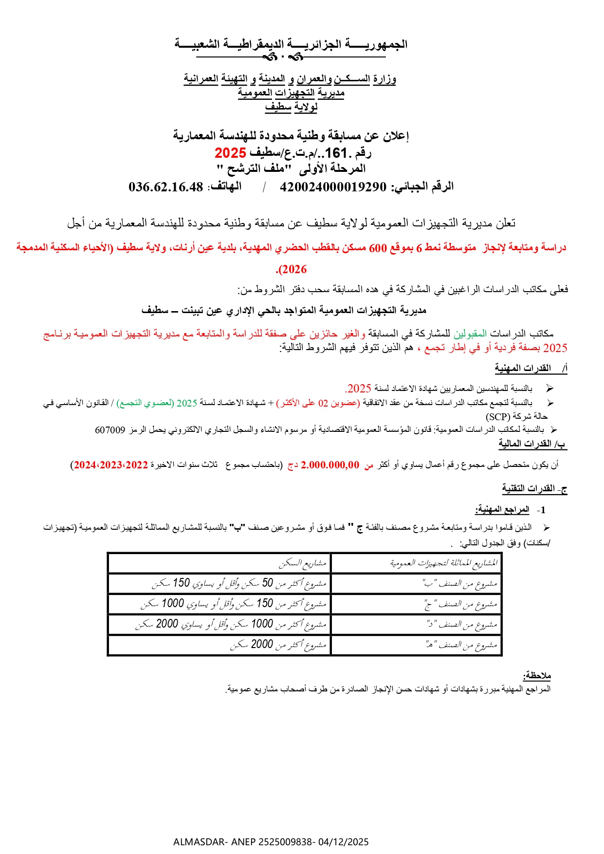 إعلان عن مسابقة وطنية محدودة للهندسة المعمارية رقم 2025/161 المرحلة الأولى 