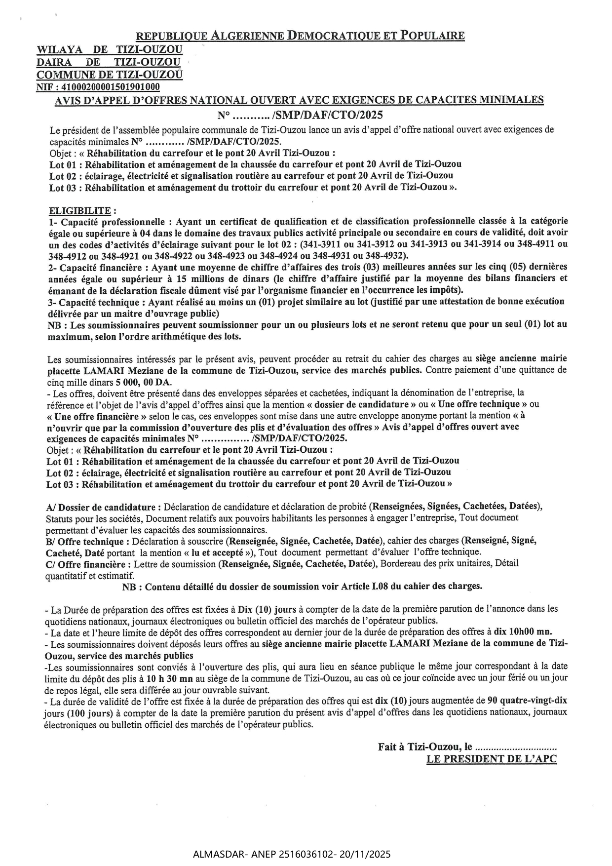 AVIS D’APPEL D’OFFRES NATIONAL OUVERT AVEC EXIGENCES DE CAPACITES MINIMALES    N° ….. /SMP/DAF/CTO/2025