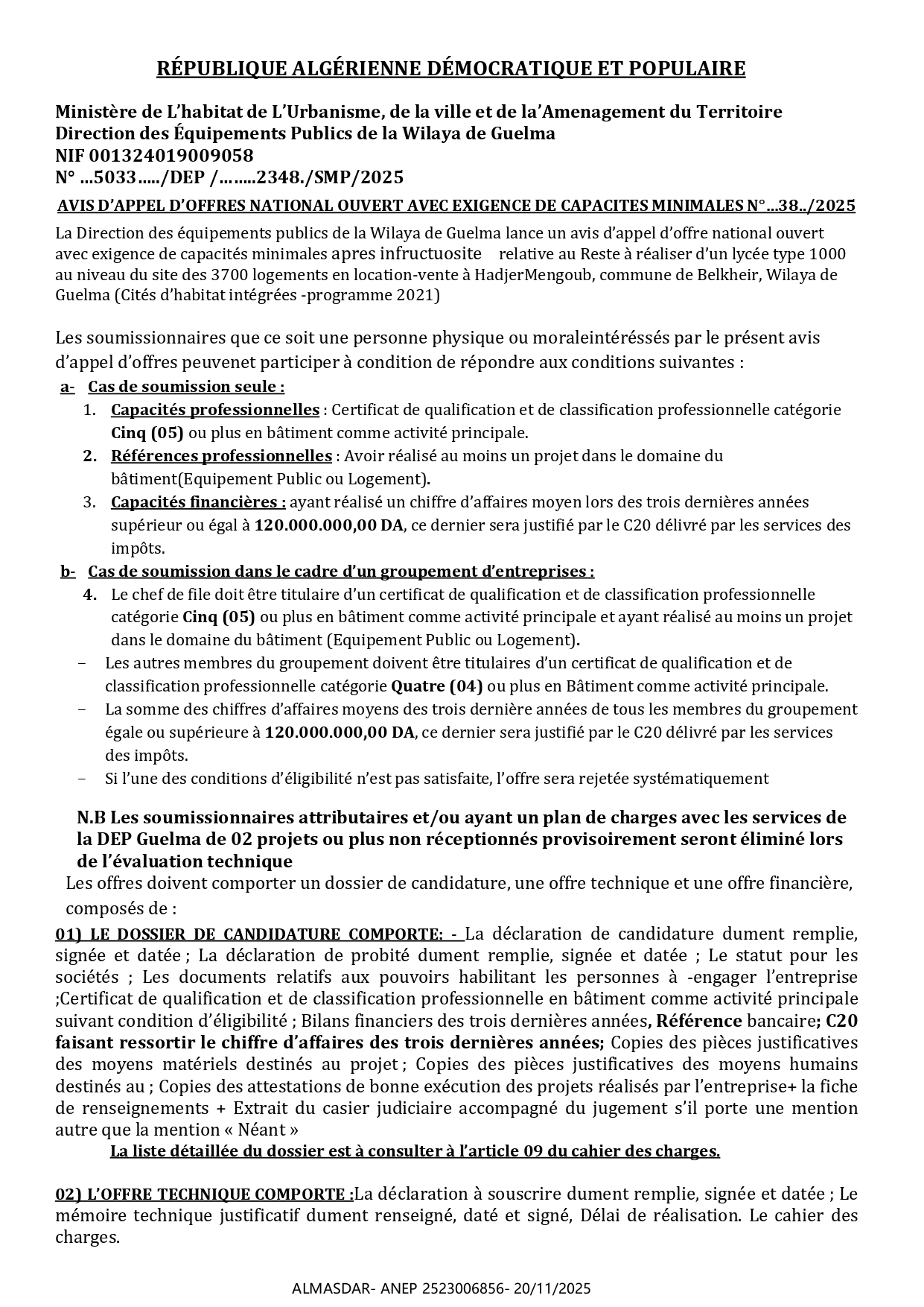 AVIS D’APPEL D’OFFRES NATIONAL OUVERT AVEC EXIGENCE DE CAPACITES MINIMALES N°…38../2025 