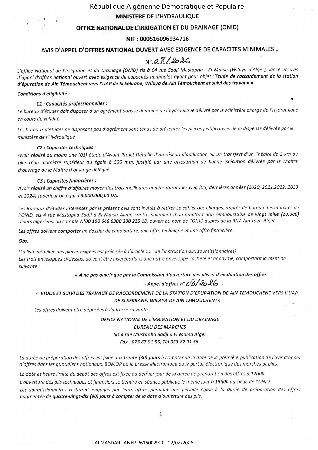 AVIS D'APPEL D'OFFRES NAlloNAL OUVERT AVEC EXIGENCE  DE  CAPACITES MINIMALES  N 08/2026