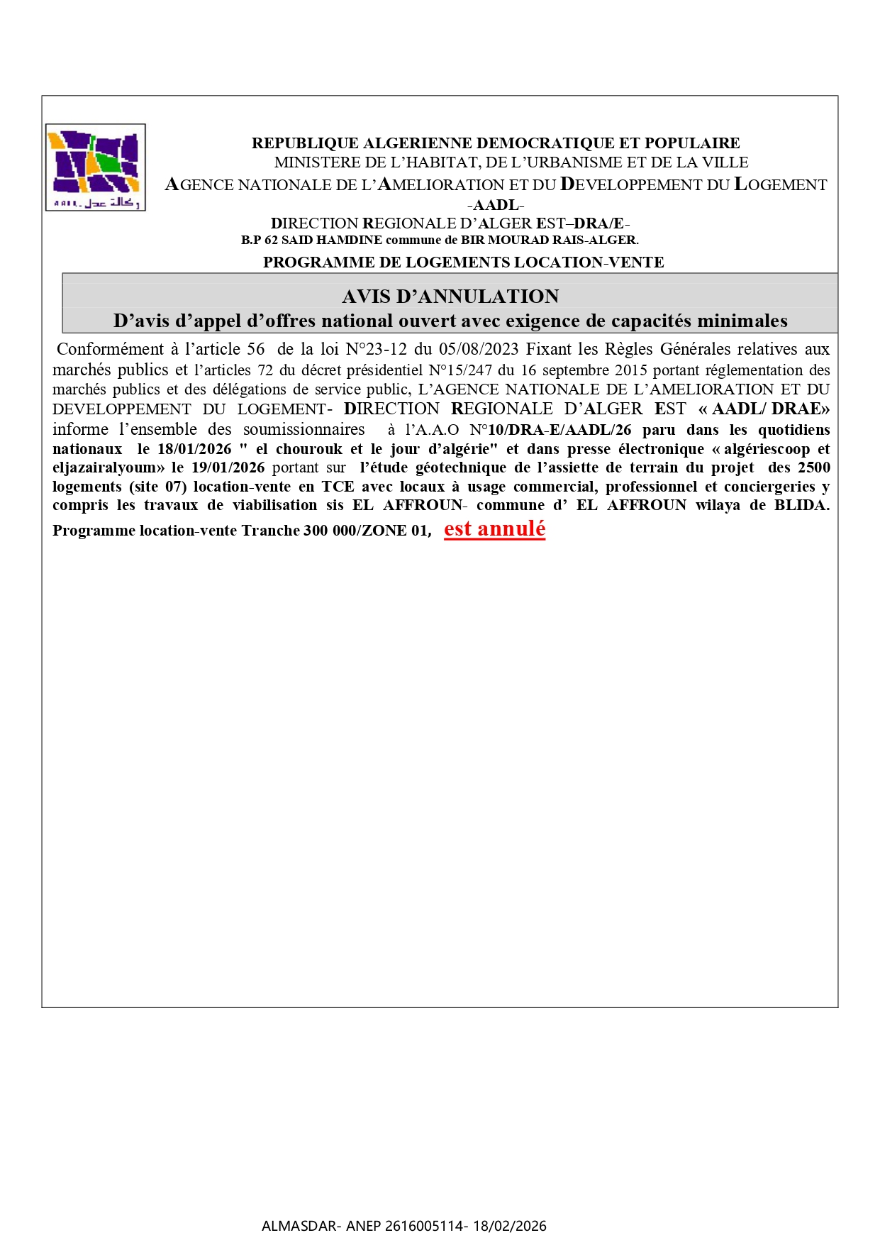 AVIS D’ANNULATION  D’avis d’appel d’offres national ouvert avec exigence de capacités minimales