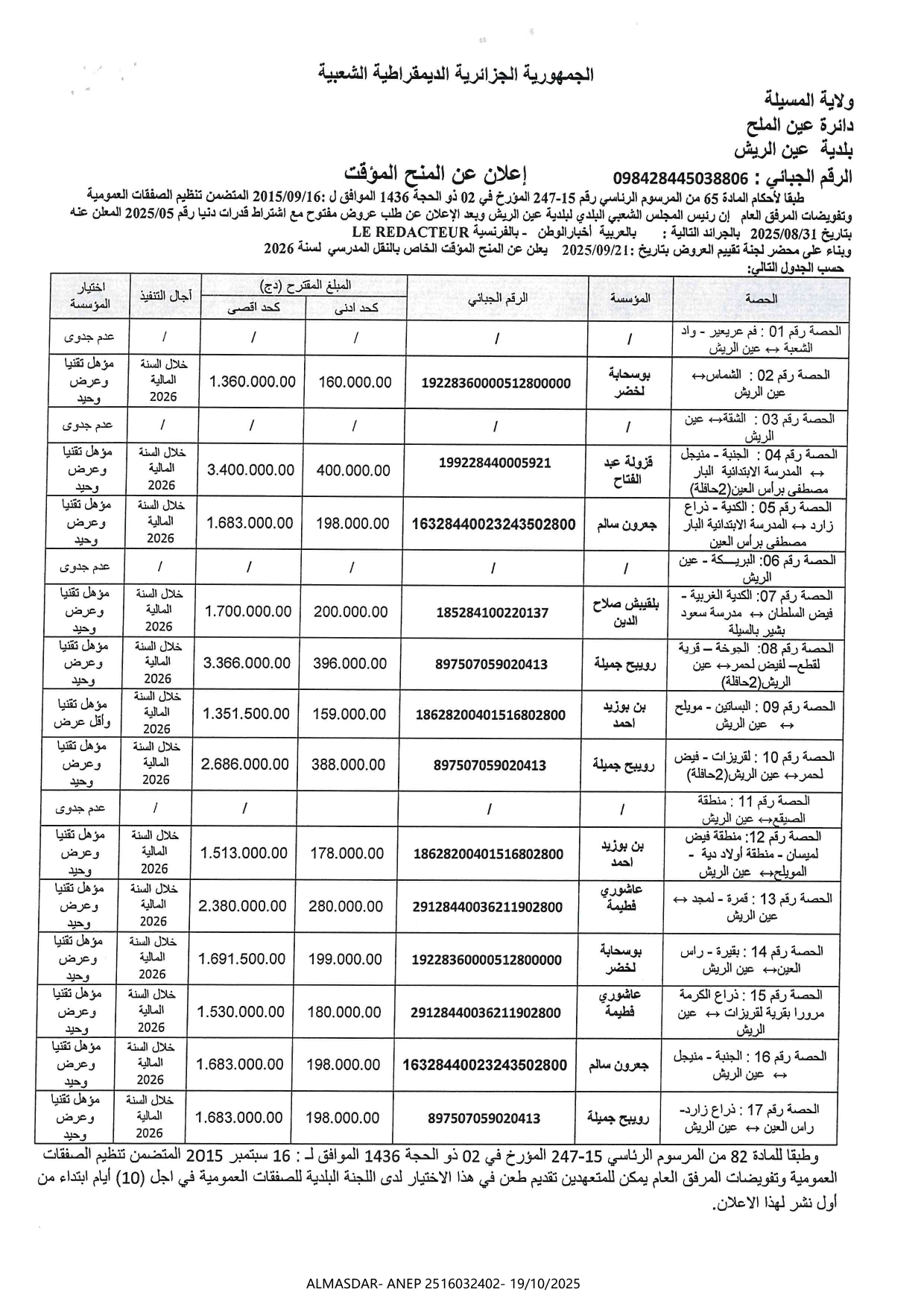 إعلان عن المنح المؤقت...