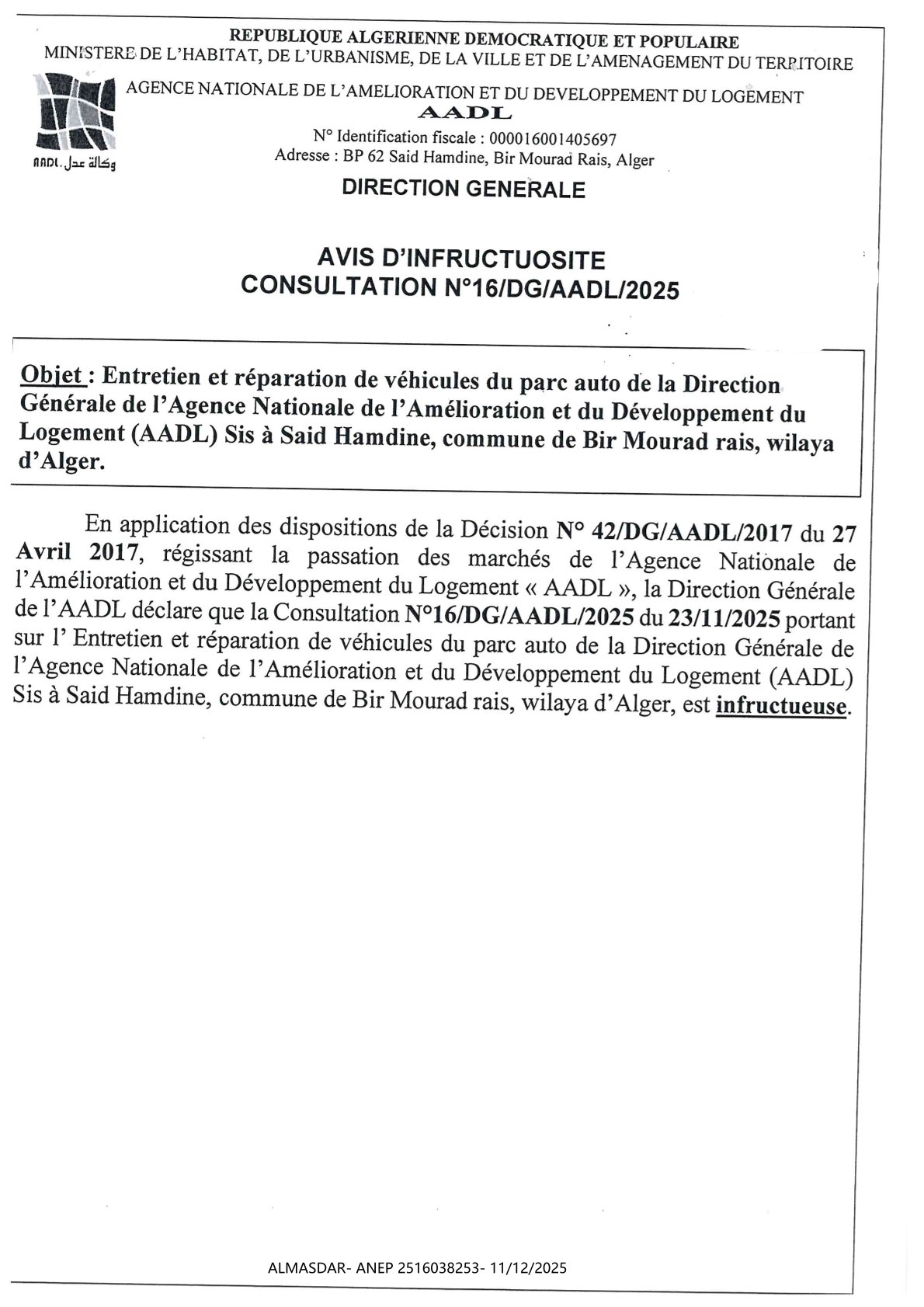 AVIS D'INFRUCTUOSITE CONSULTATION N 16/2025