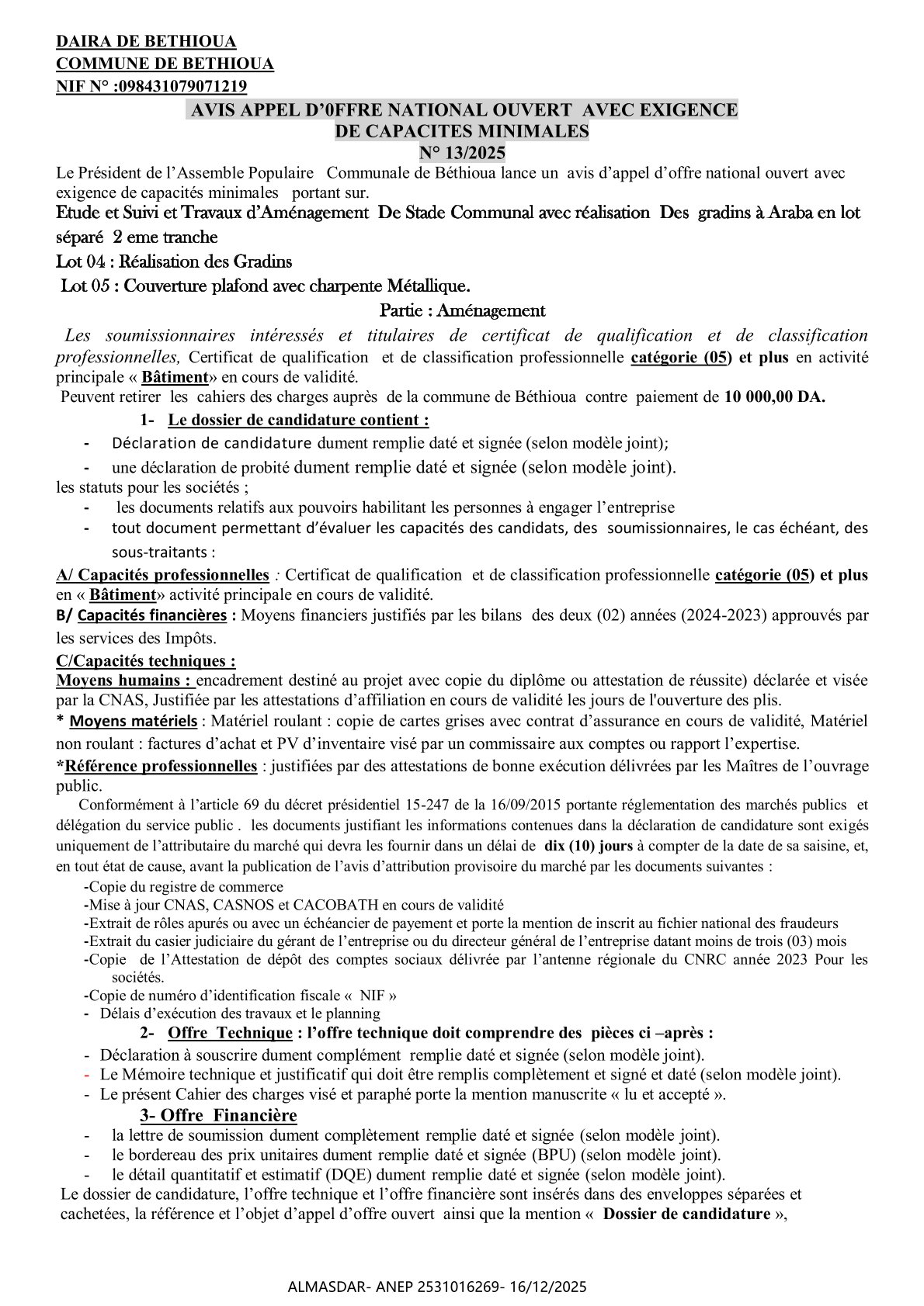 AVIS APPEL D’0FFRE NATIONAL OUVERT  AVEC EXIGENCE   DE CAPACITES MINIMALES   N° 13/2025 