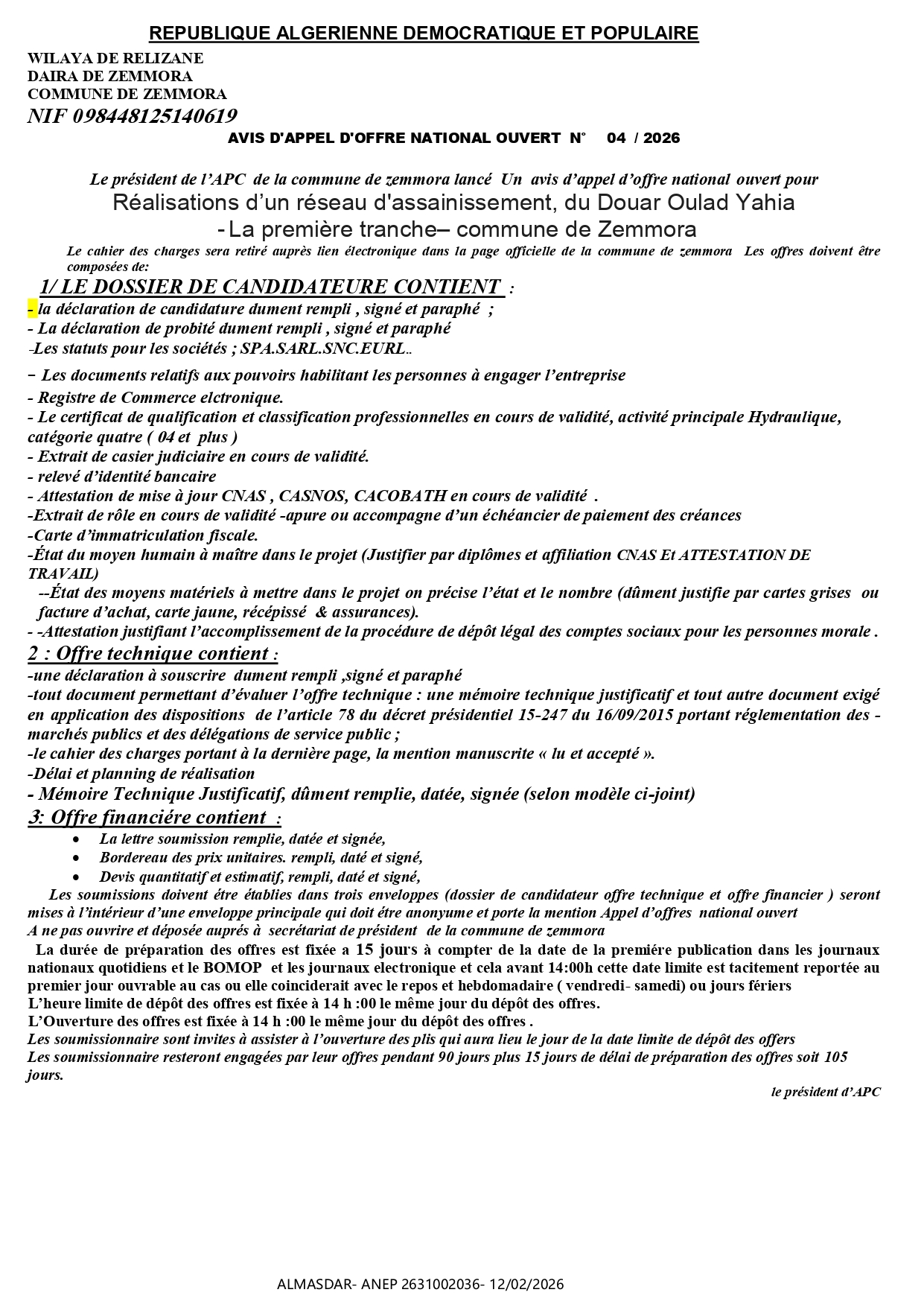 AVIS D'APPEL D'OFFRE NATIONAL OUVERTN°     04  / 2026 