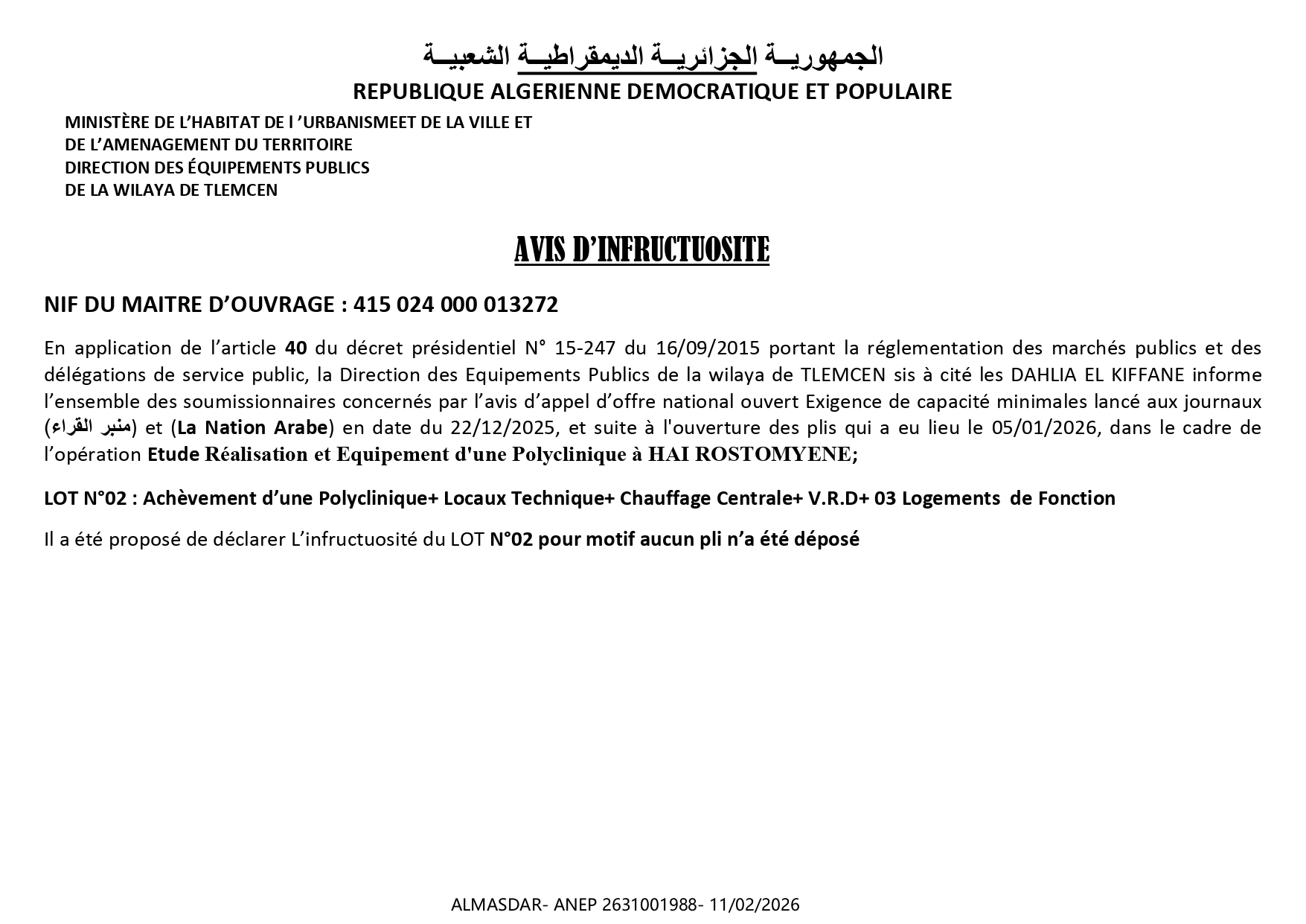 ***AVIS D’INFRUCTUOSITE