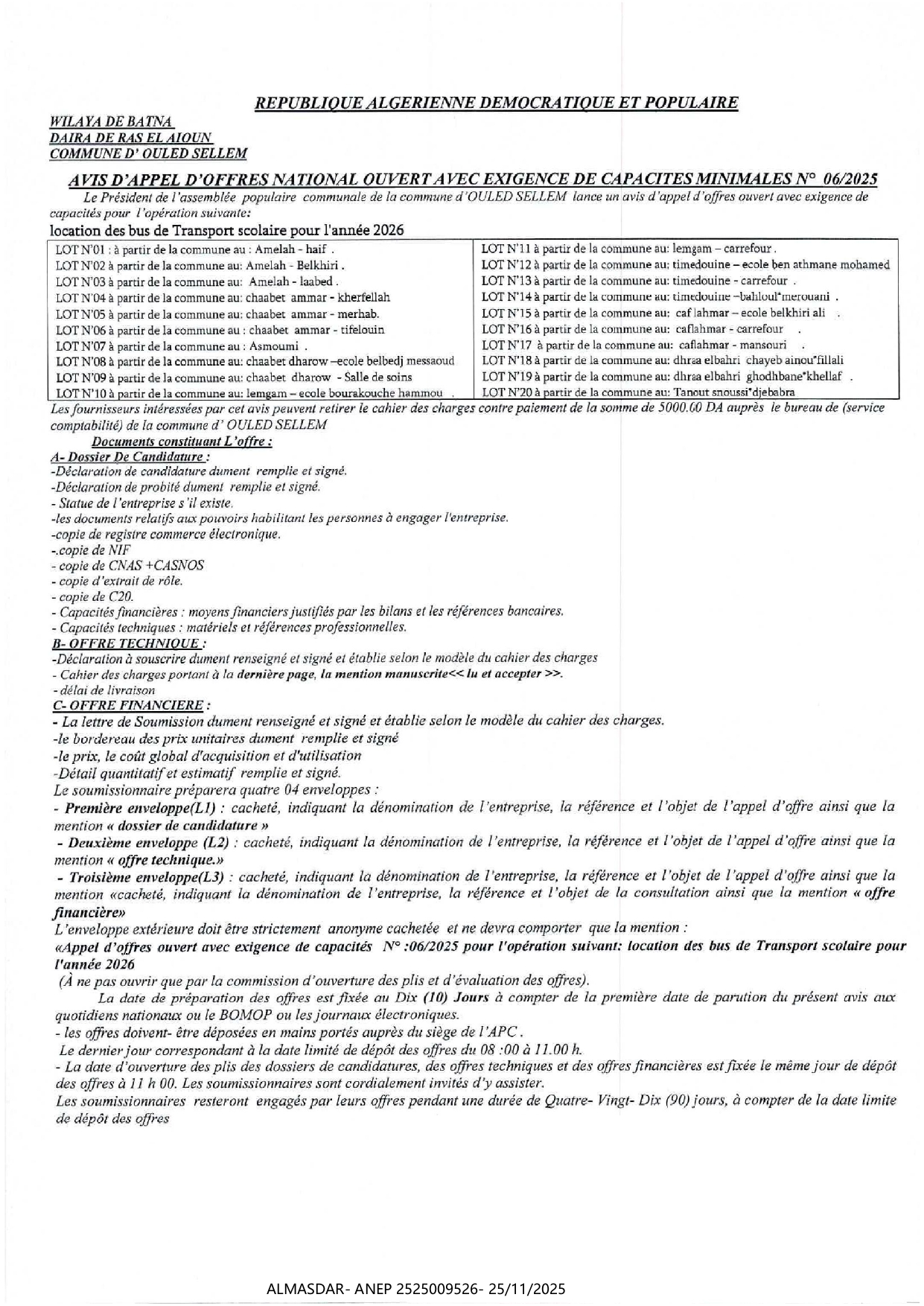 AVIS D'APPEL D'OFFRES NATIONAL OUVERT AVEC EXIGENCE DE CAPACITES MINIMALES N 2025/06